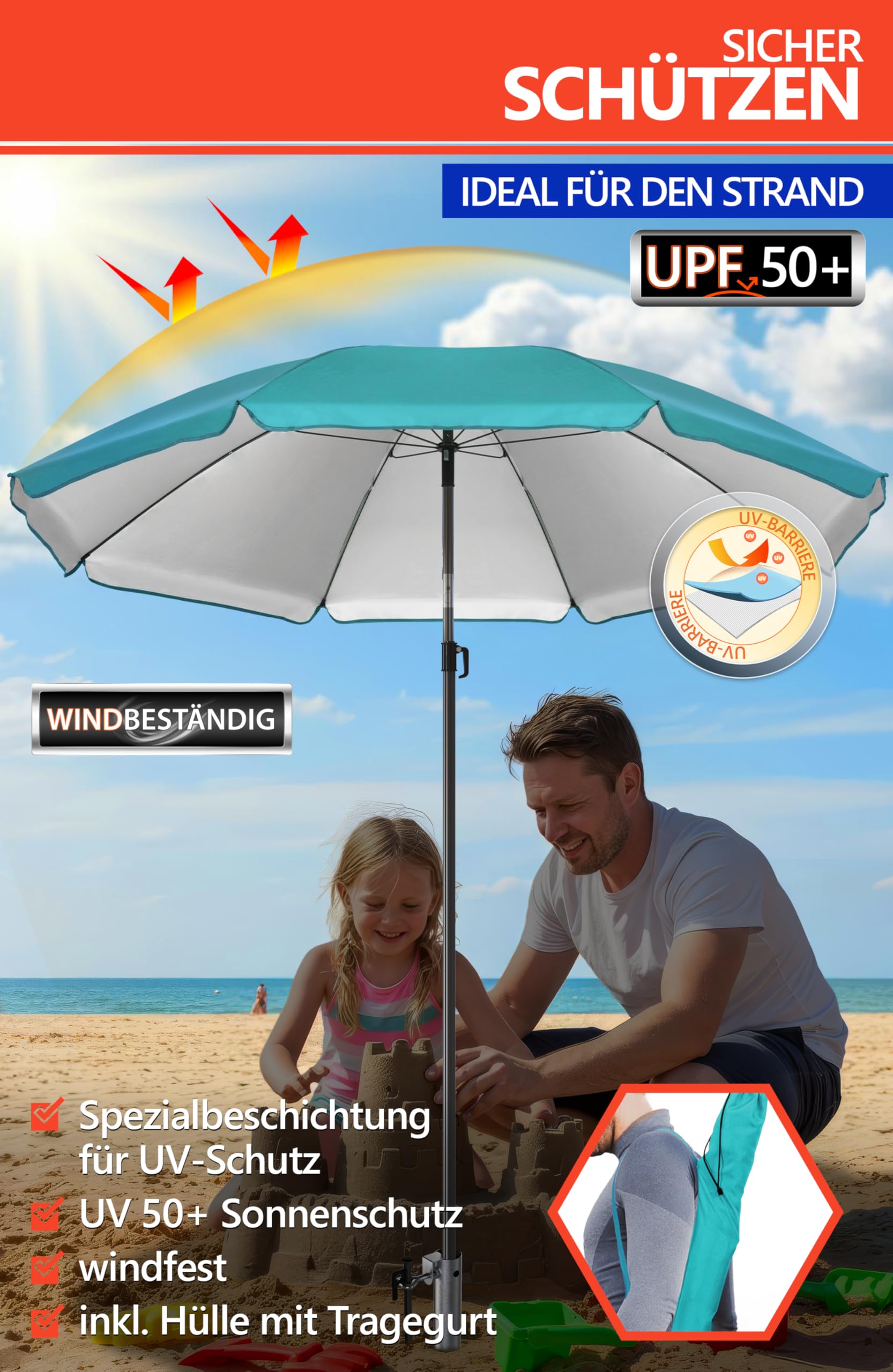 4smile Sonnenschirm Strand Set 3-in-1, Ø 180 cm Strandschirm Windfest Stabil mit Schirmhülle & Eindrehbodenhülse, Sonnenschirm mit Bodendübel, Sonnenschutz Strand, UV Schutz 50+, Fb. Türkis