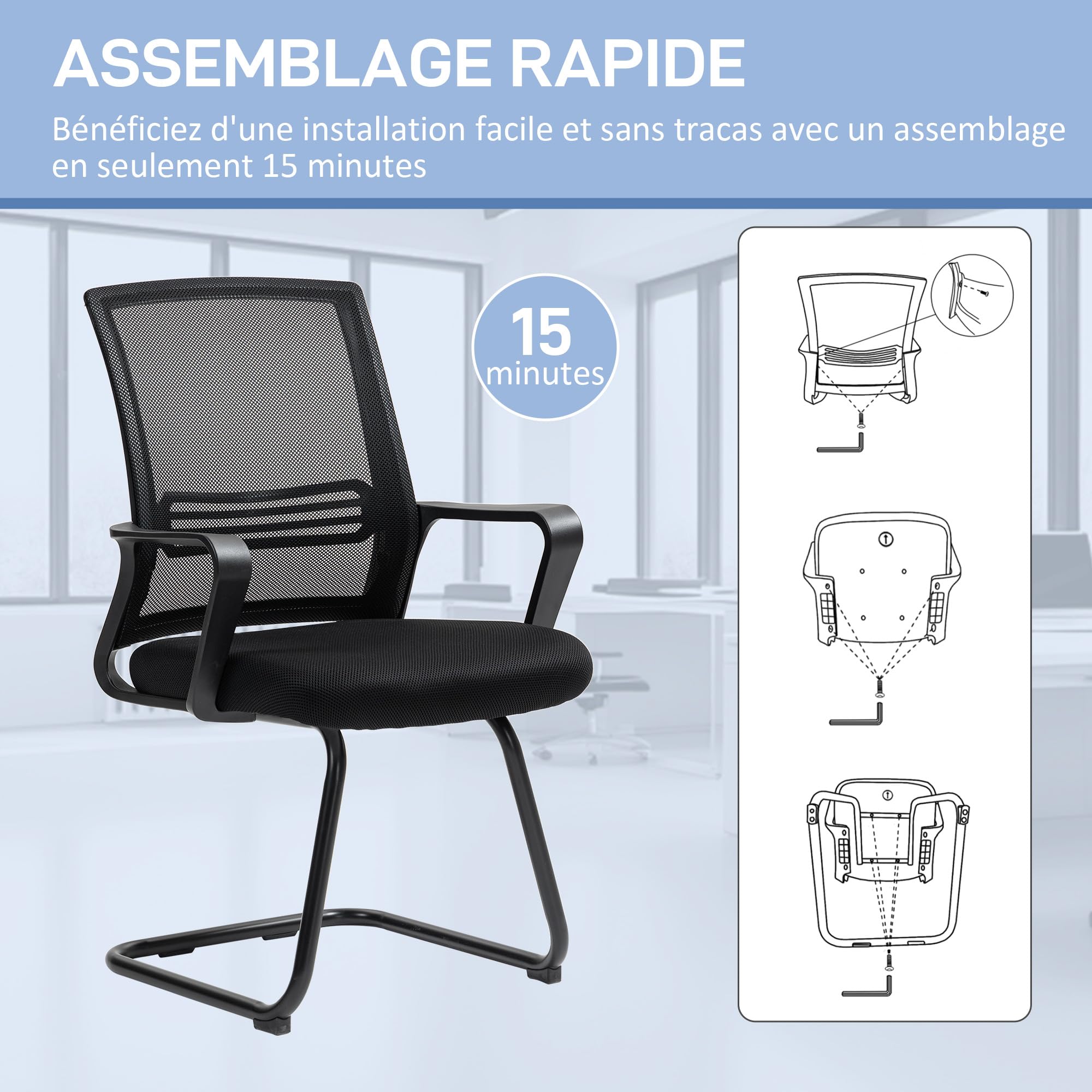 HOMCOM Sedia da ufficio a rete Sedia da ufficio senza rotelle, sedia ergonomica per riunioni con base a slitta, per sale conferenze, camere da letto, aree d'attesa, aree di ricevimento, nera