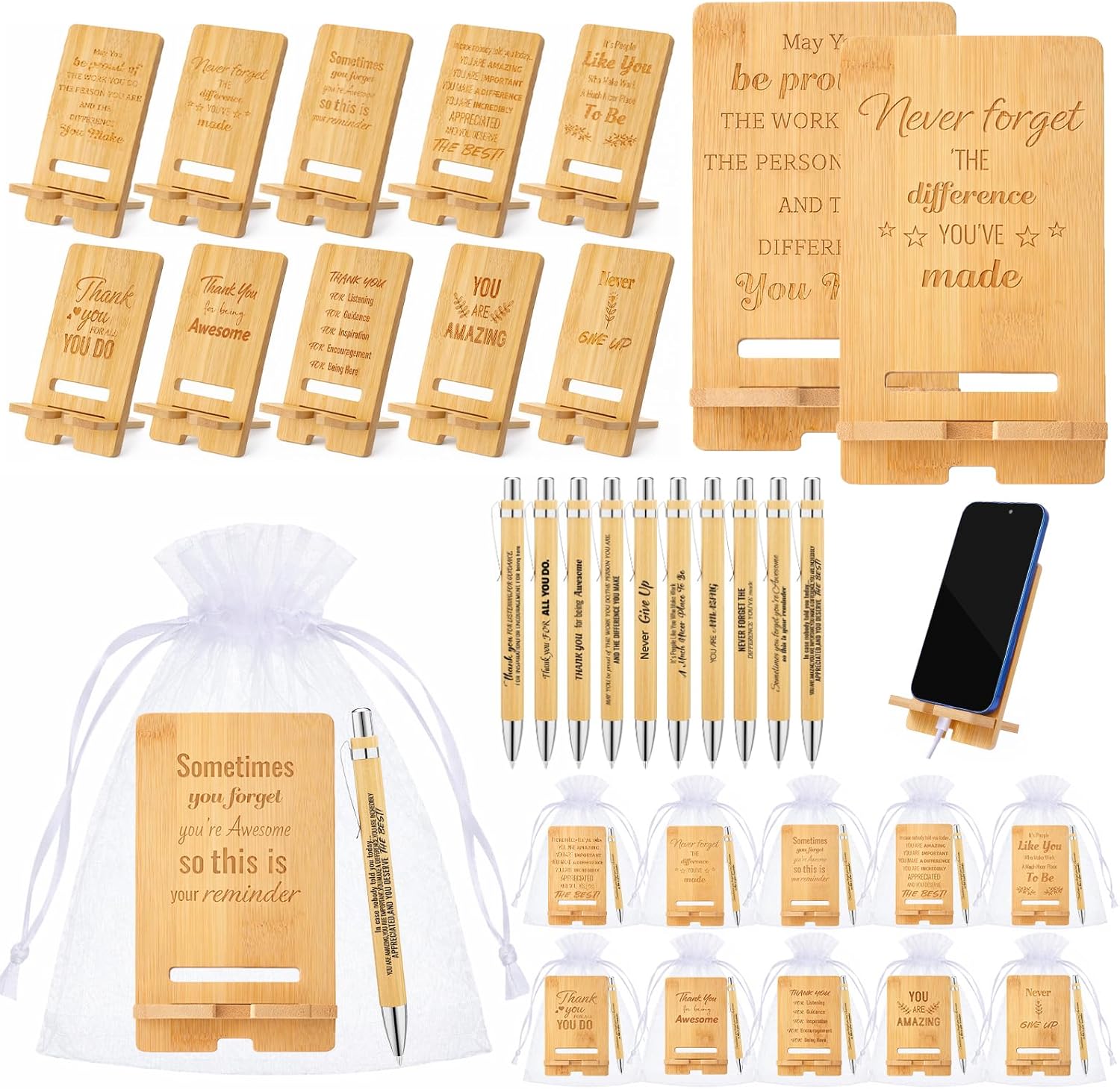 90 Pcs Employee Appreciation Gifts Bulk, 30 Wooden Phone Stands, 30 Motivational Pens with White Organza Bags, Thank You Gifts for Coworkers, Staff, Team, Volunteers, Nurses, Teachers, Office Desk