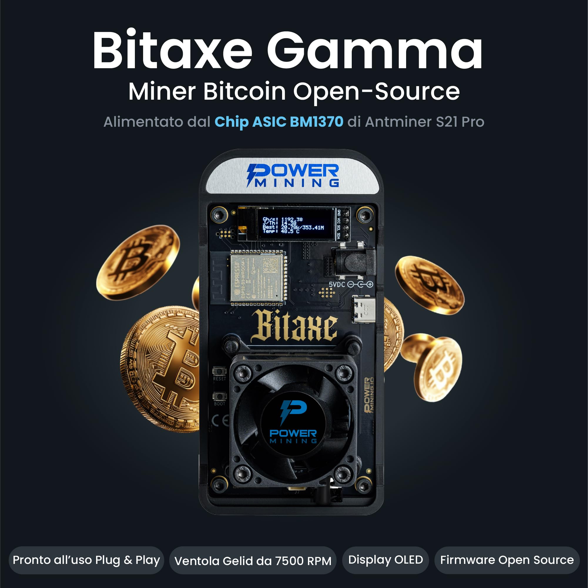 Bitaxe Gamma 602 Bitcoin (BTC) Solo Home Miner con Power Supply and Stand BM1370 ASIC Made in Europe