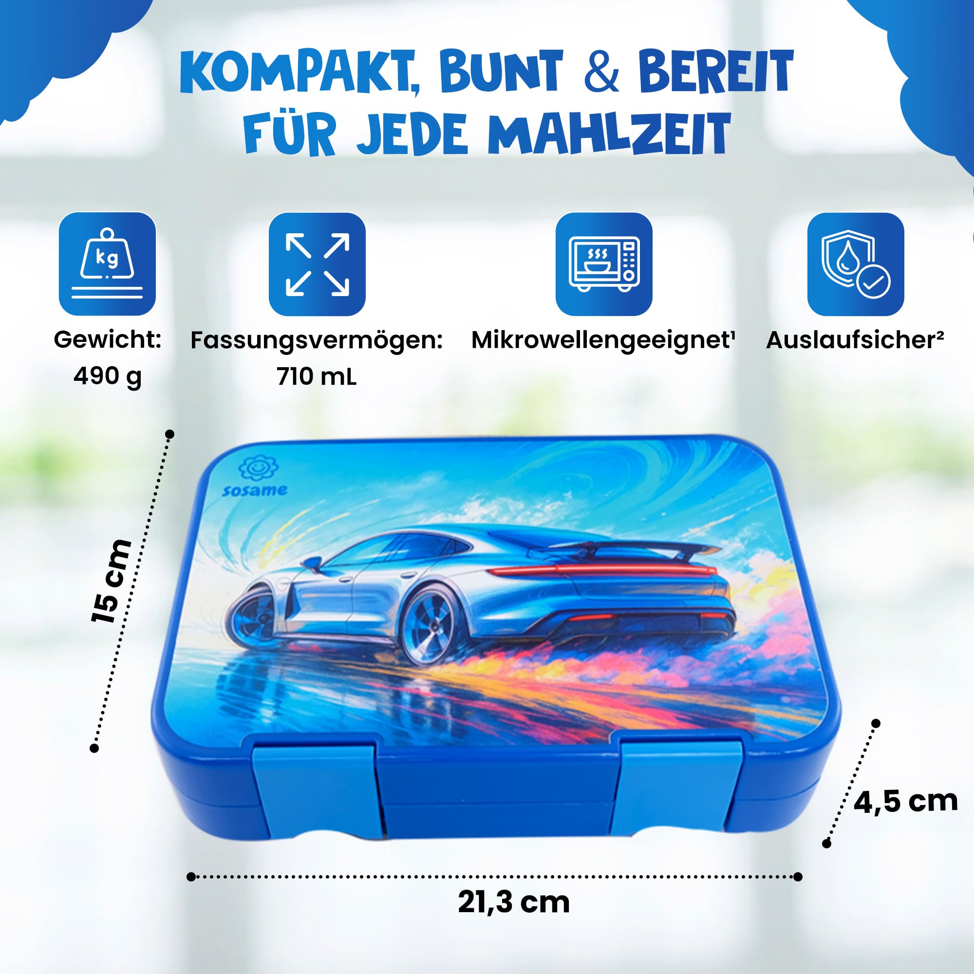 sosame® Brotdose für Kinder mit 6 Fächern – Bento Lunchbox auslaufsicher – Jausenbox für Schule & Kindergarten (Blau - Auto)