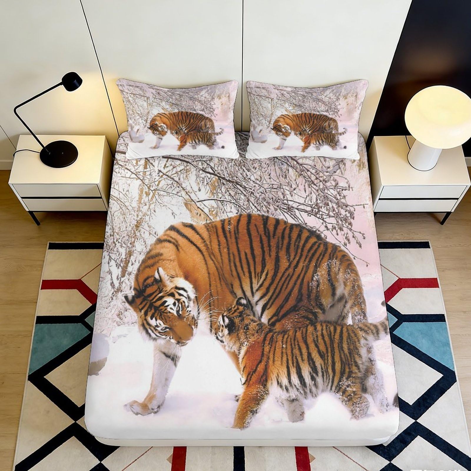3D Printed Tiger Snow Forest Fitted Sheet Microfiber Anti-Slip Bed Cover for Bedroom Dorm Mattress Decor 90x200x25cm