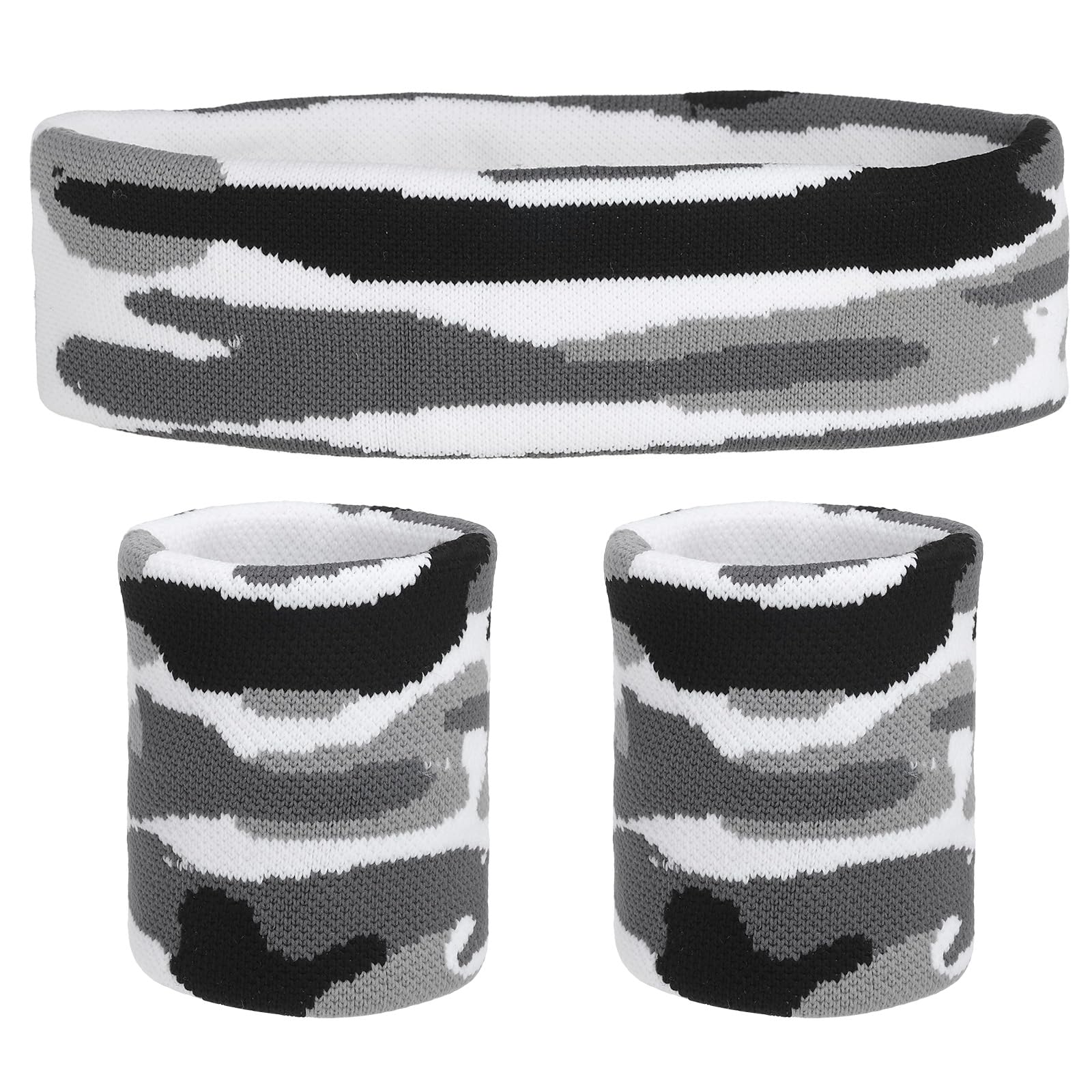 sourcing map Sweat Band Set Sports Terry Cloth Headband Wristband Set 8"x2" Moisture Wicking Sweat Absorbing Head Band for Women Men Workout Exercise (Striped Camouflage Gray) โ image 1