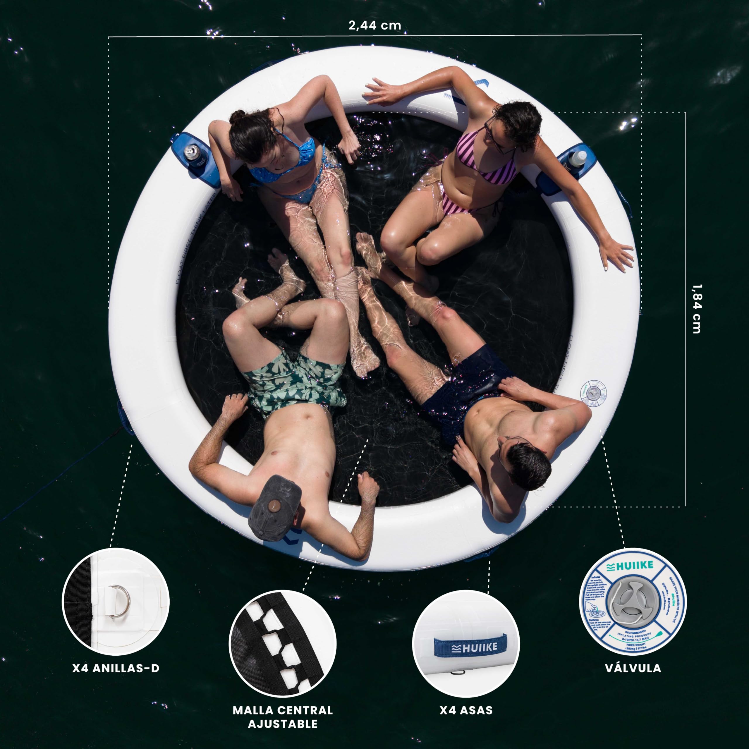 HUIIKE Anillo Hinchable 4 o 6 Personas, 280 o 500 kg, con Accesorios | Loop de 2,44 m o 3,05 m para Adultos y Niños. Plataforma Flotante con Inflador, Ancla de Arena, 2 Soportes Bebida y Mochila
