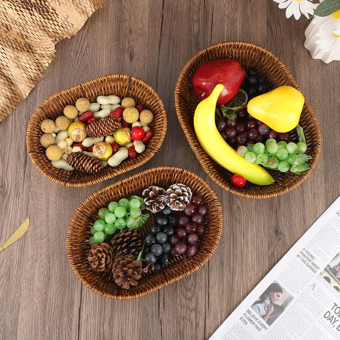 Canastas de mimbre para pan, cesta de almacenamiento tejida a mano, cesta de almacenamiento de frutas y verduras para el hogar, restaurante, panadería, cestas de servir alimentos de mesa