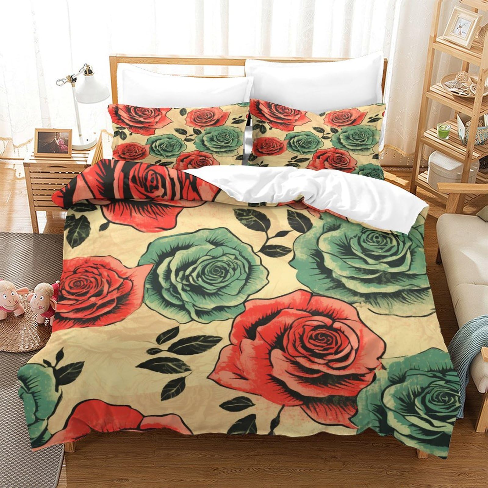 P1S9U7W5Y 3D Printed Rose Floral 3pcs Duvet Cover Set Microfiber Botanical Bedding Set King