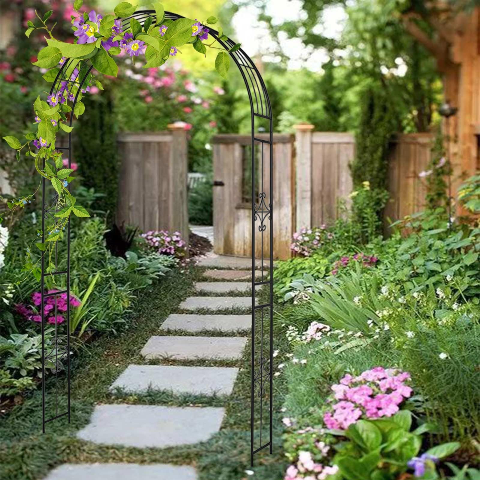 Arco de jardín de metal negro con patas de apoyo y anclajes firmes