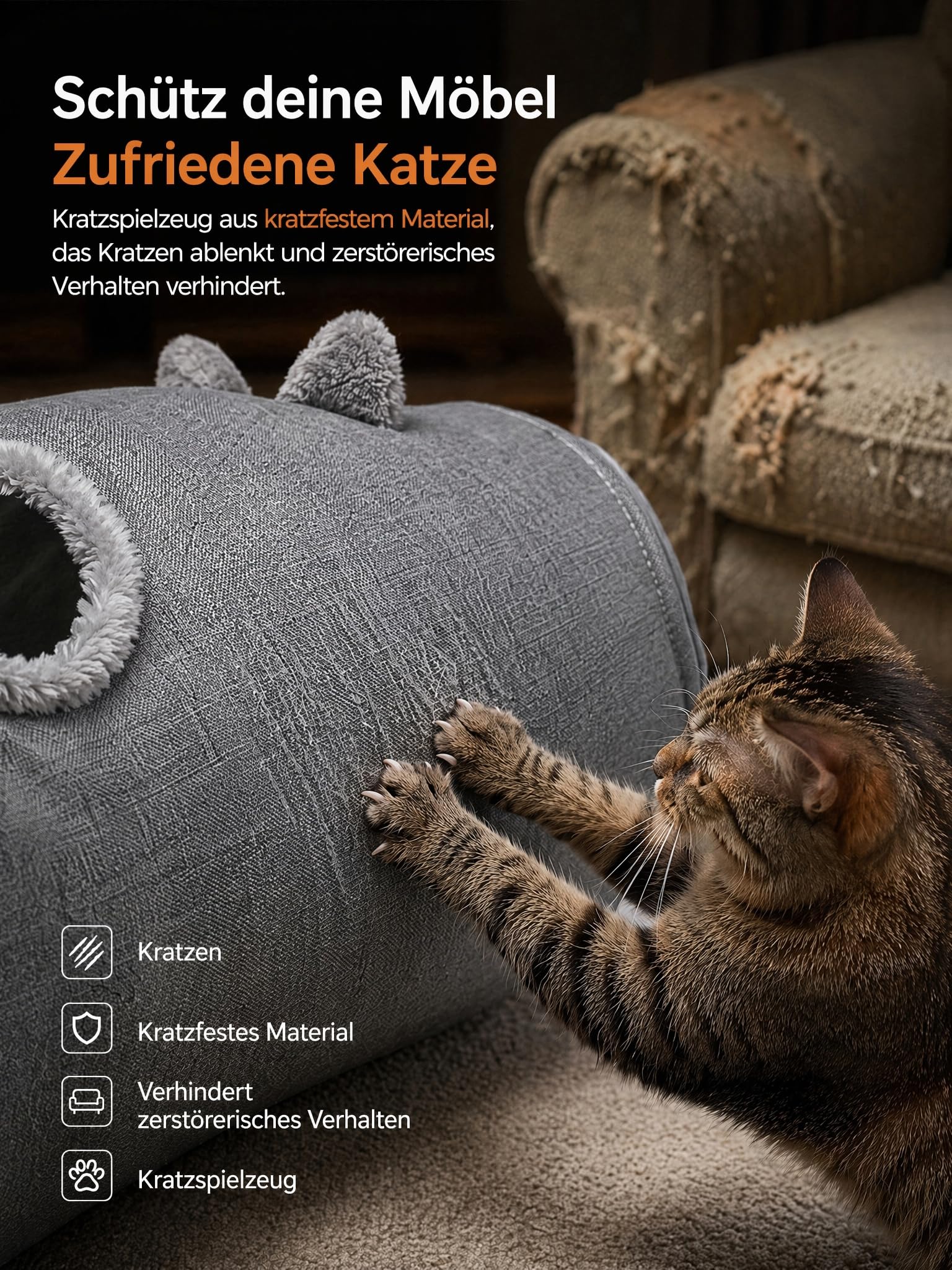 Cuccia per gatti, tunnel 3 in 1, rotonda | Lino traspirante, letto rimovibile, per l'estate, a forma di S, regolabile, per gatti e conigli