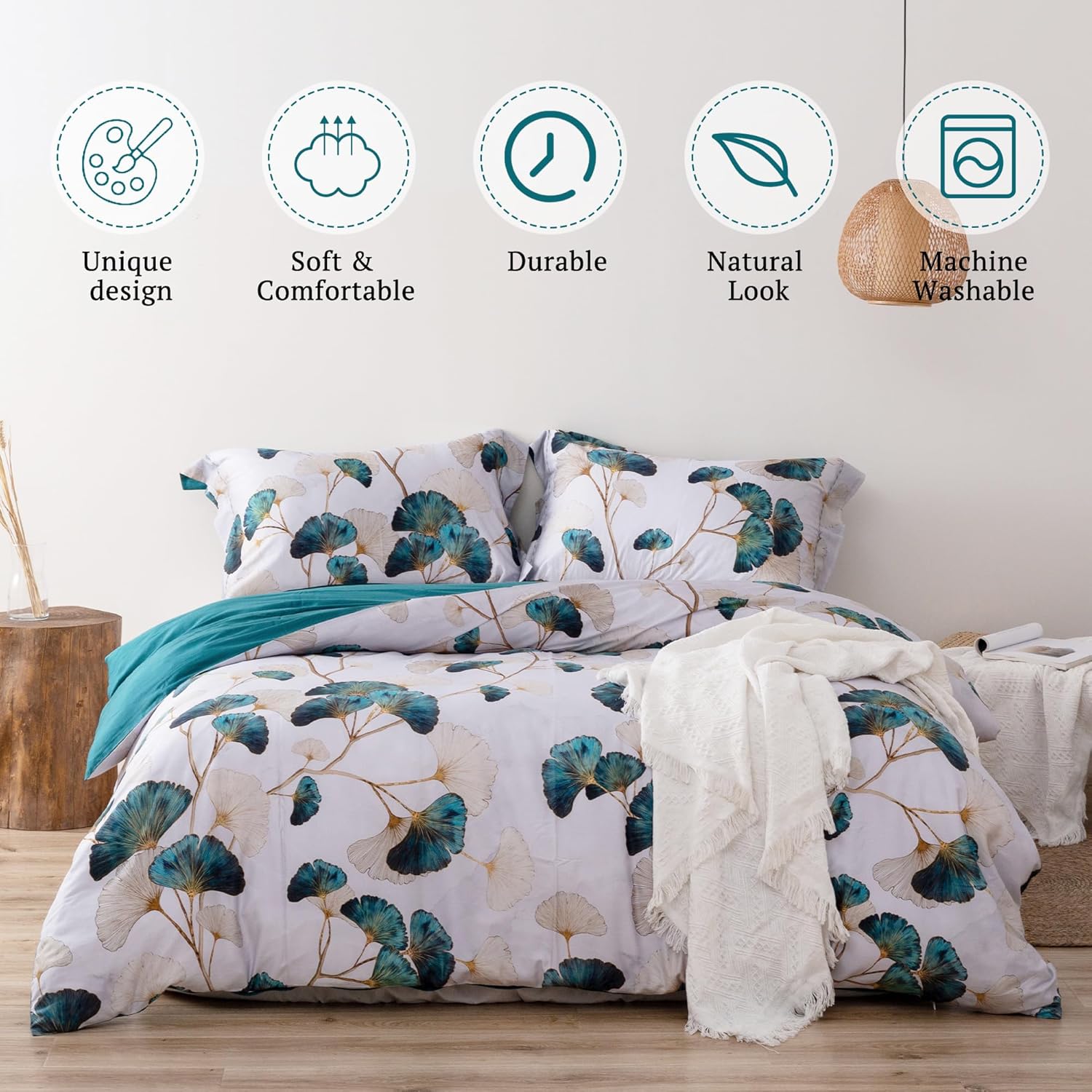 MILDLY 100% Long-Staple Cotton Duvet Cover Set Teal Green Gingko Leaf Pattern Printed Comforter Cover 3pcs, Ultra Soft & Breathable Bedding Set - Image 2