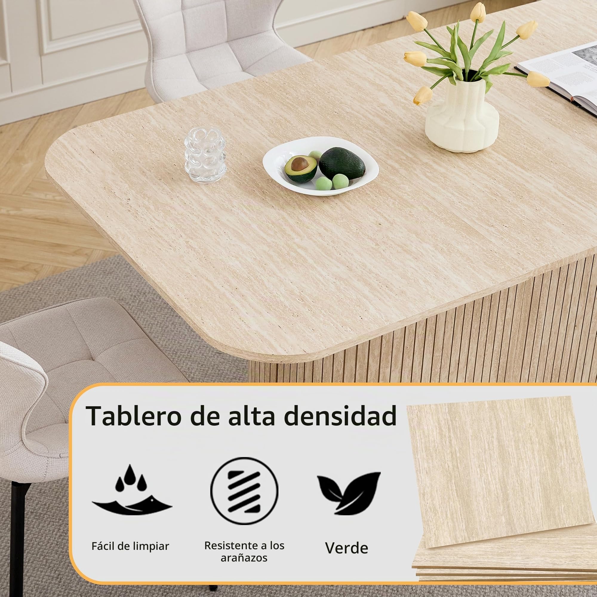 GrandCA HOME Mesa de Comedor Rectangular con Esquinas Redondeadas, Moderna Mesa de Comedor de 160 cm con Base de Madera, Amplia Superficie de Trabajo de MDF, 4-8 Personas, Color Travertino Amarillo