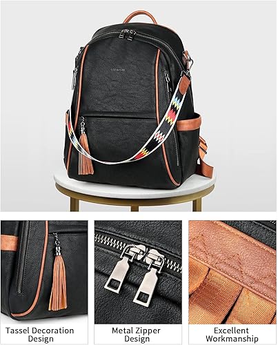Miniatura 5 de FADEON Mochila de cuero para mujer, mochilas de moda, múltiples bolsillos de diseño, bolsos de hombro para mujer, L-Negro Con Marrón Estilo Retro,