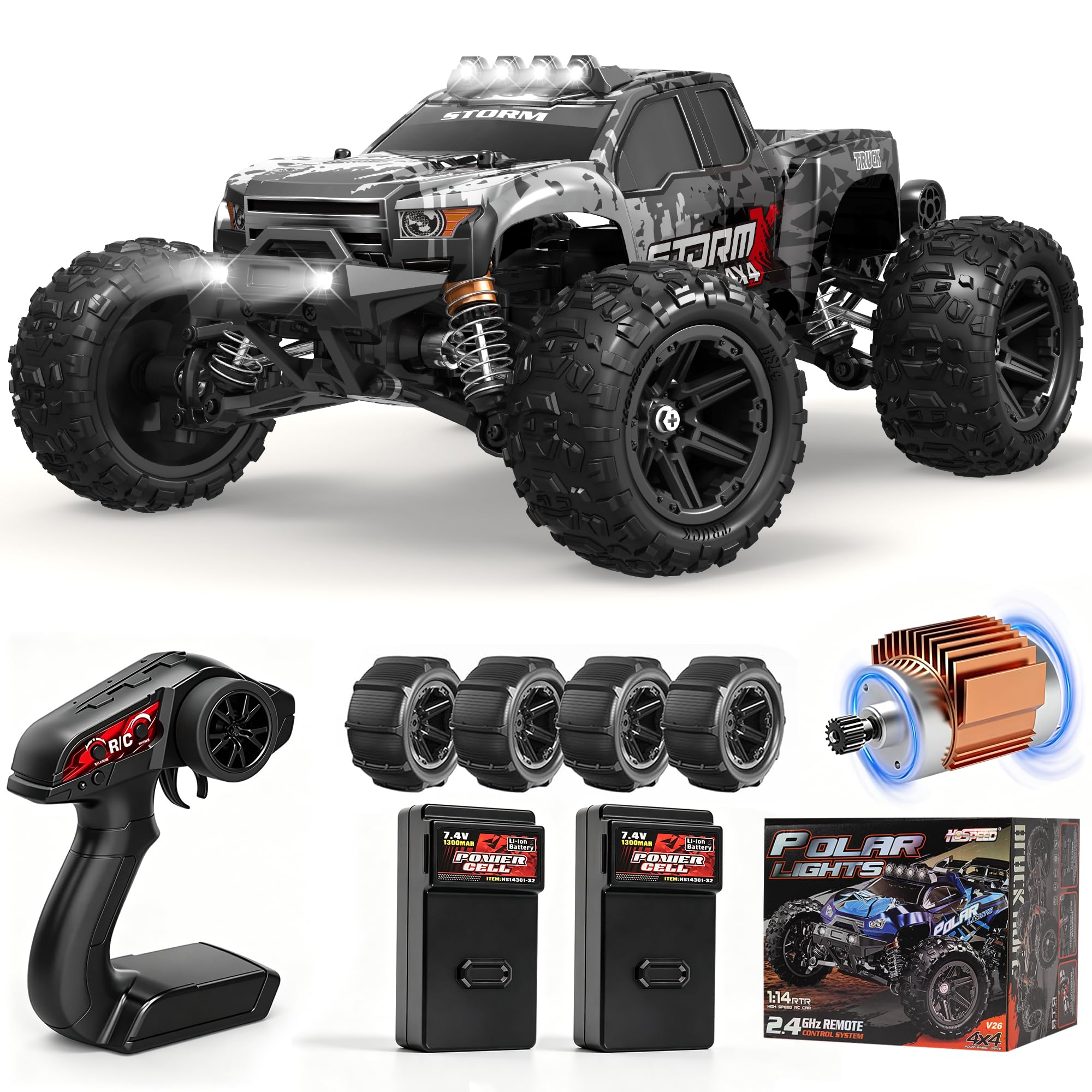 Ferngesteuertes Auto Erwachsene & Jungen - 1:14 All Terrain RC Auto 40+km/h | 4WD Offroad RC Truck 2.4Ghz RC Car mit Metallantriebsstrang 2 Wiederaufladbaren 1300mAh Hochleistungsakku, Zwei Reifensätze