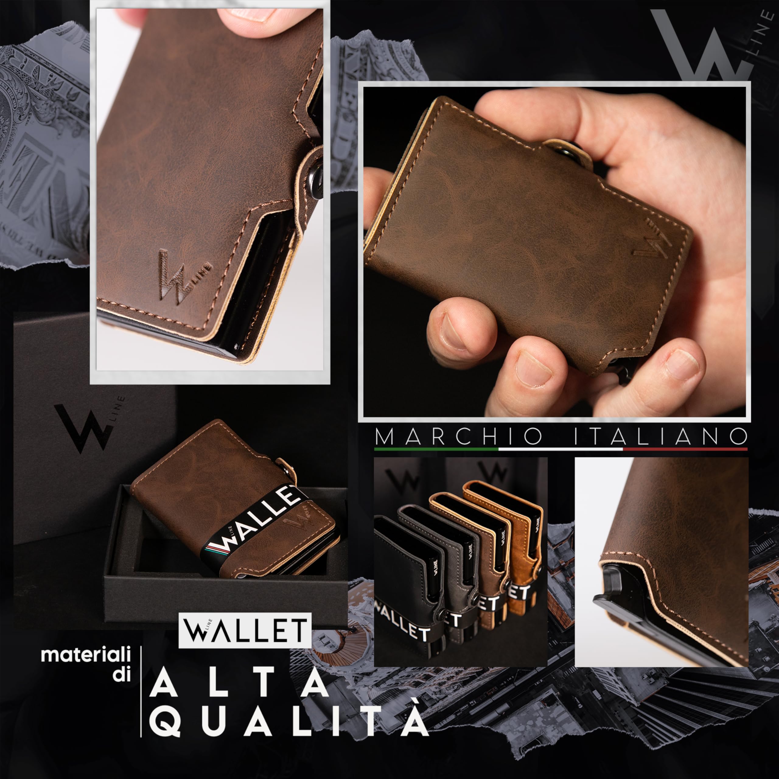WLine Porta Carte di Credito Uomo e Donna Schermato in Pelle PU - Portafoglio Uomo Slim Rfid Compatto ed Elegante - Portatessere Uomo Tascabile (Marrone Scuro Vintage senza Zip)