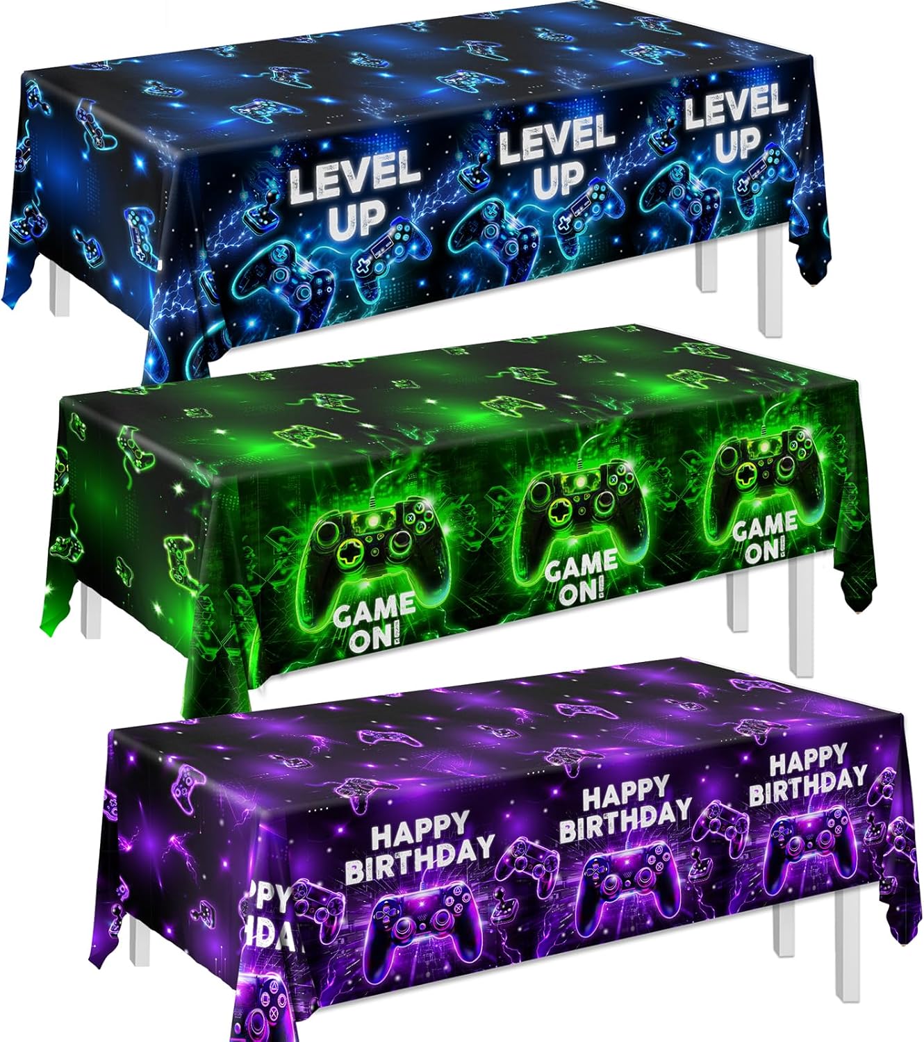 3Pcs Video Game Table Cover,Video Game Birthday Decoration Neon Gaming Plastic Waterproof Table Covers Gaming Party Decorations for Boys Girls Gamer Birthday Party Supplies