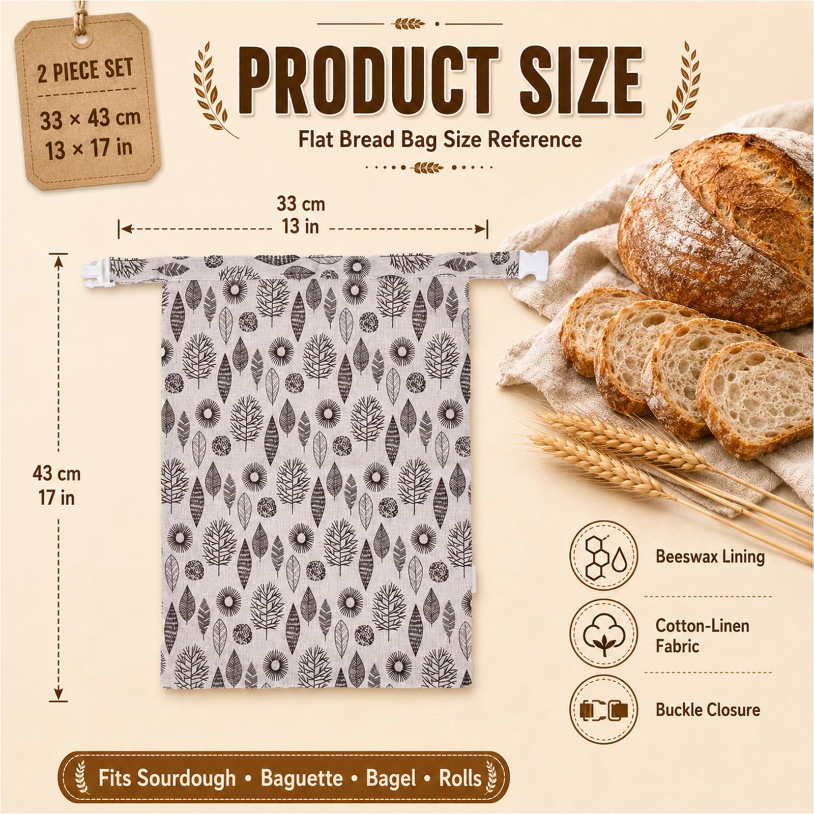 Sacchetti Di Pane in Cera D'api, Borsa Portaoggetti Riutilizzabile in Cotone Naturale, Per Congelatore E Frigorifero, Grande Capacità E Lavabile Per Fatti in Casa, Panetteria, Picnic (B,2 PACK)