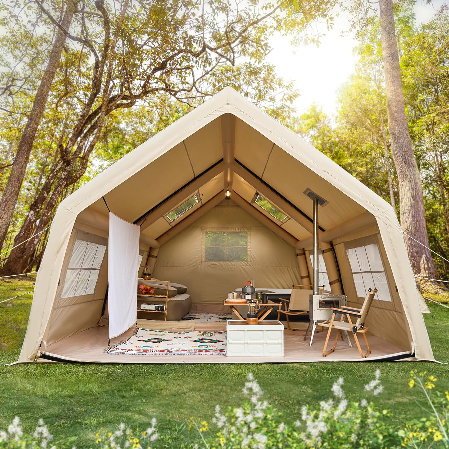 15.7x11.8FT Inflatable Tents for Camping, 8-12 Person 2 Room Blow Up Tent with TPU Skylight, Movie Screen, A/C Port, Stove Jack, Mesh Windows & Pump, 4 Season Waterproof Windproof