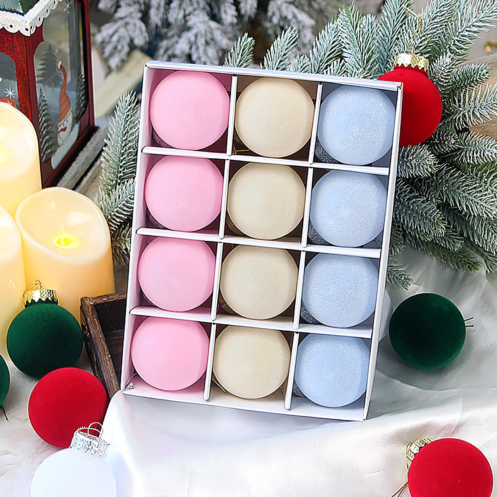 Pcscevcr 12Pcs Christmas Balls Ornaments, 6cm//2.36inch Shatterproof Christmas Tree Baubles Ornaments Velvet Balls, for Xmas Party Holiday Winter Decor (Blue Yellow Pink)