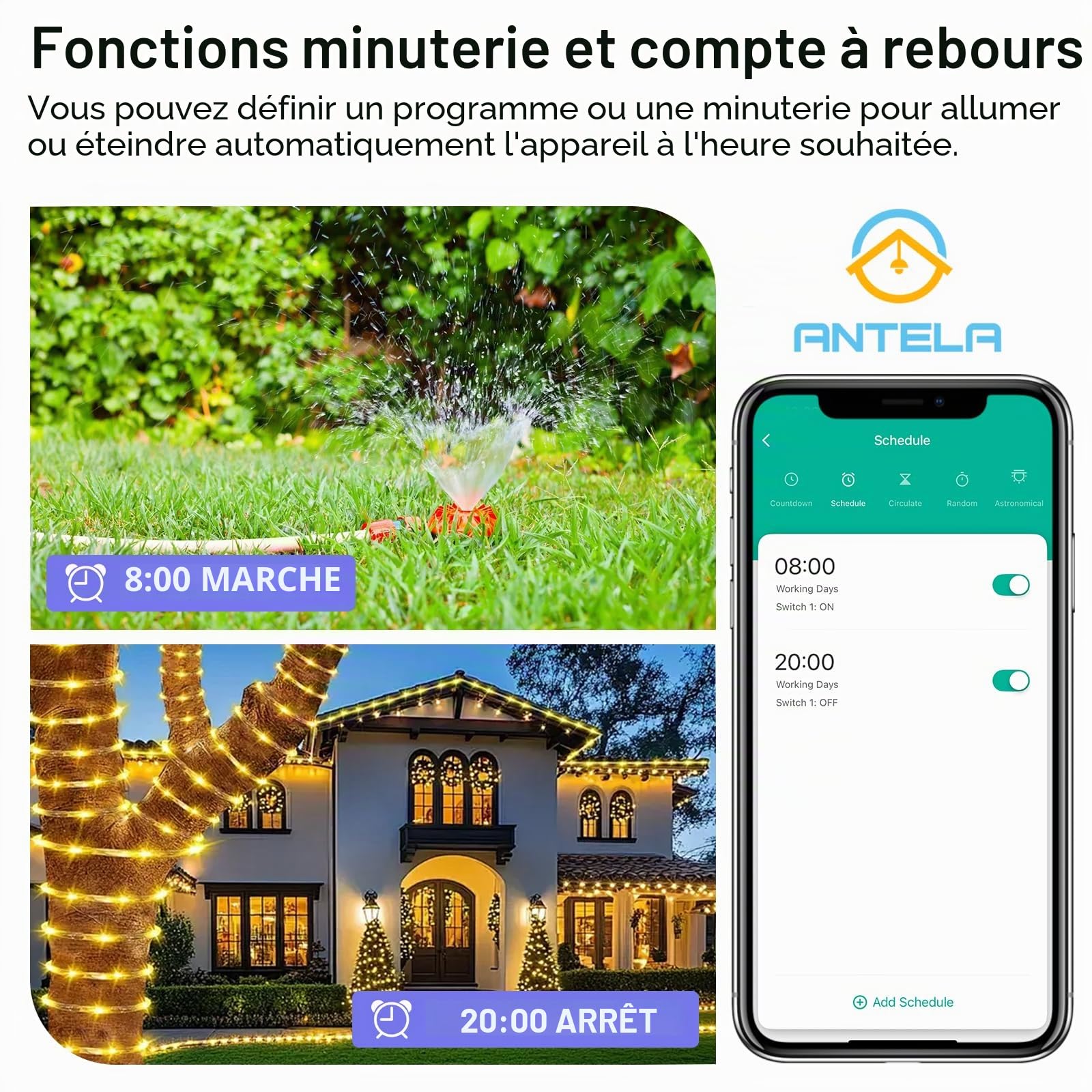 ANTELA Prise Connectée WiFi Extérieure IP44 | Mesure de Consommation Électrique, Compatible avec Alexa et Google Home, Smart Life APP, 2.4GHz, 4PCs