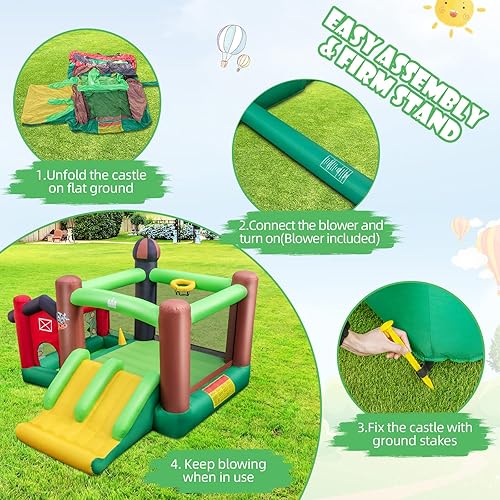 Miniatura 6 de HONEY JOY Casa inflable con temática de granja, casa inflable para niños en interiores y exteriores, toboganes dobles, estacas de suelo, casa de