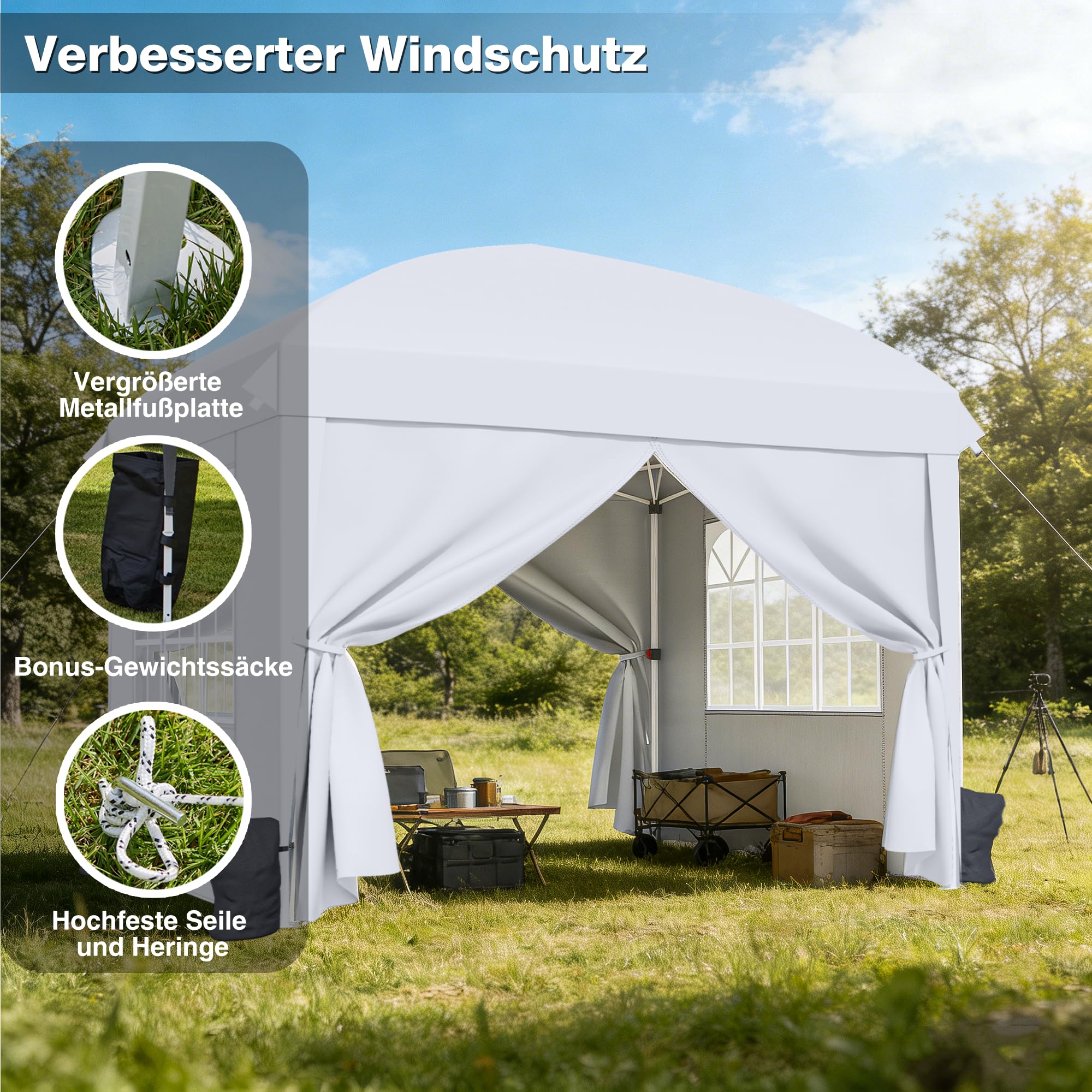 Pavillon 3x3 Faltbar mit Seitenwänden, Faltpavillon Wasserdicht | Pop up Pavillon Stabil Winterfest, Partyzelt mit 4 Gewichte Höheverstellbar, UV Schutz, für Camping Party Garten, Weiß