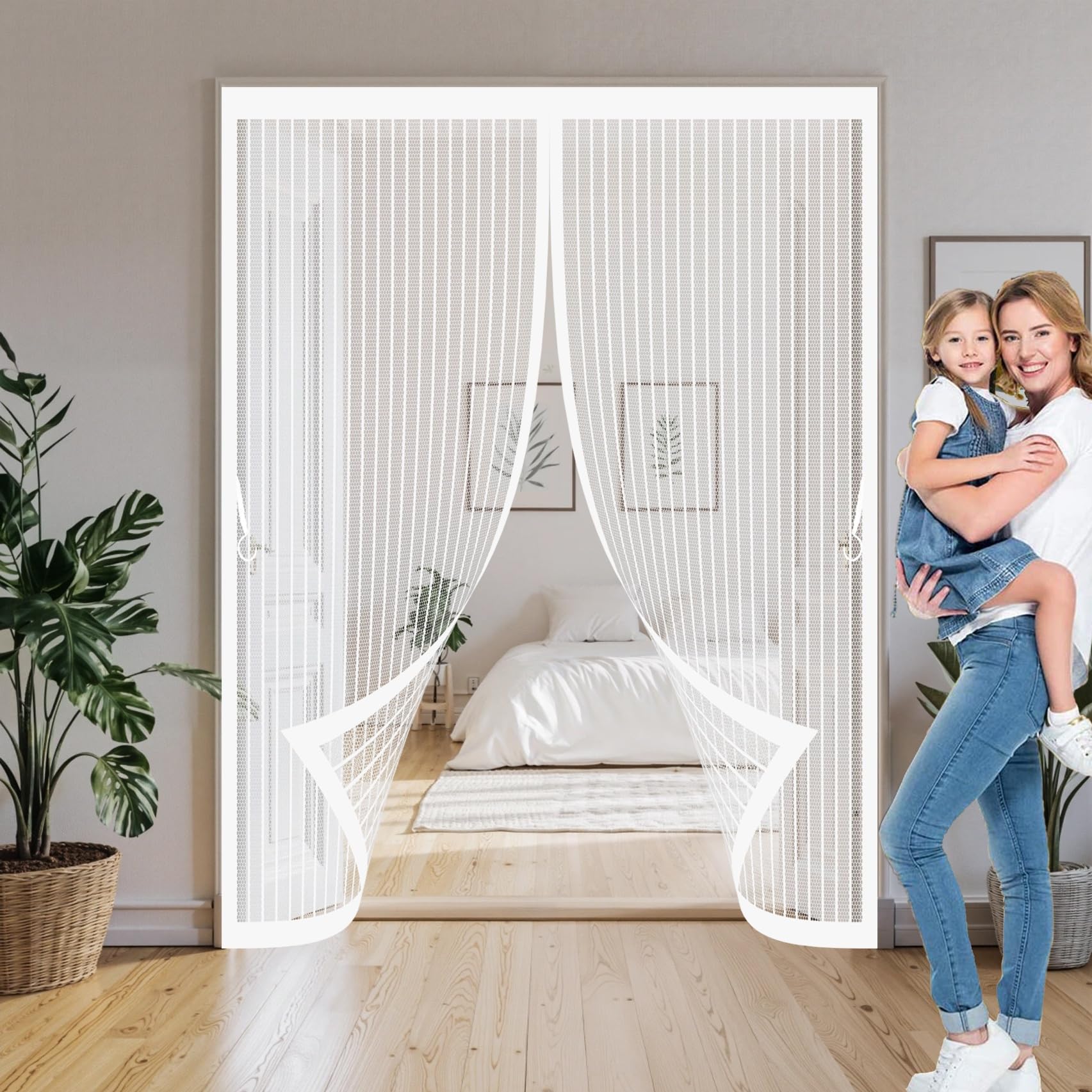 Xueqxue White Fly Nets For Doors 200 X 180 Cm With Powerful Magnets & Full Frame Magic Tape, Keep Bugs Out & Lets Fresh Air In Heavy Duty Bug Mesh Curtain For Patio Doors Balcony,