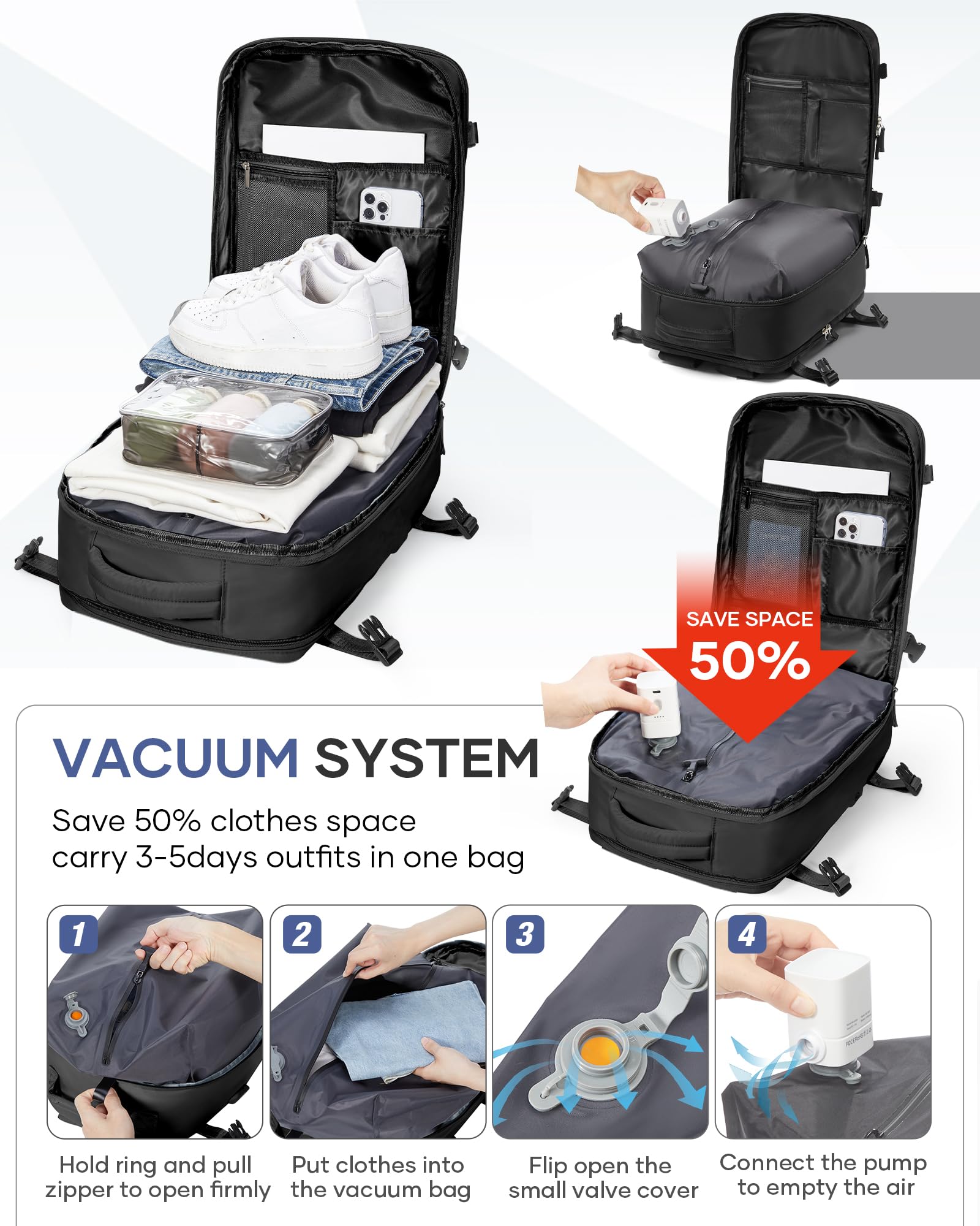 Vakuum Rucksack Handgepäck Airbag Rucksack mit Vakuumpumpe Travel Vacuum Backpack Damen Herren Vacpack Tasche Handgepäck Flugzeug Reiserucksack mit Vakuumsystem, Schwarz