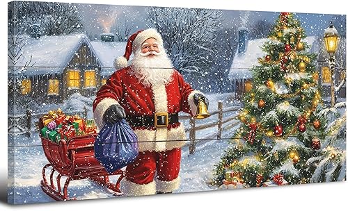 Arte de pared de escena de nieve de cabaña de invierno para dormitorio, decoración de pared retro cálido de Papá Noel para llevar regalos, pinturas disponible en Yaxa Colombia