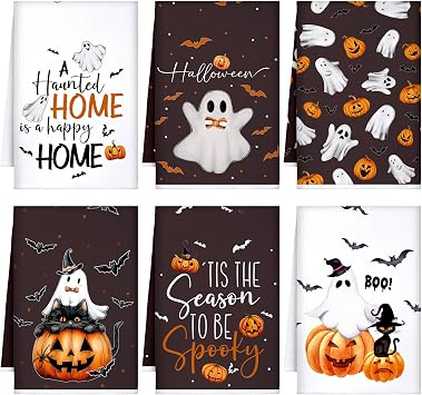 Bencailor 6 Pcs Halloween Kitchen Towels, Spooky Ghost Pumpkin Dish Towel