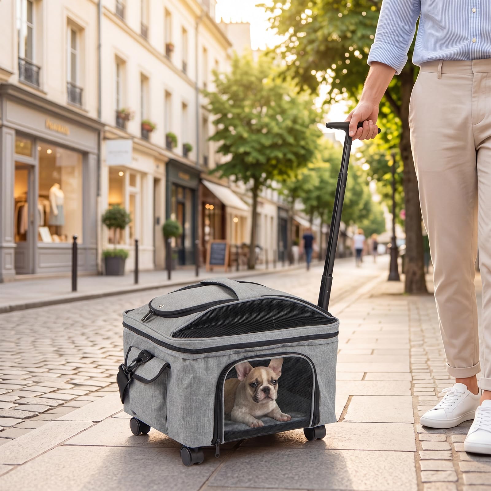 COSTWAY Transportín para Mascotas con Ruedas y Asa Telescópica | 33 x 43 x 35 cm Transportin para Perros y Gatos con Correa para Hombro, Alfombra Lavable, Ventanas Transpirables, Cremalleras