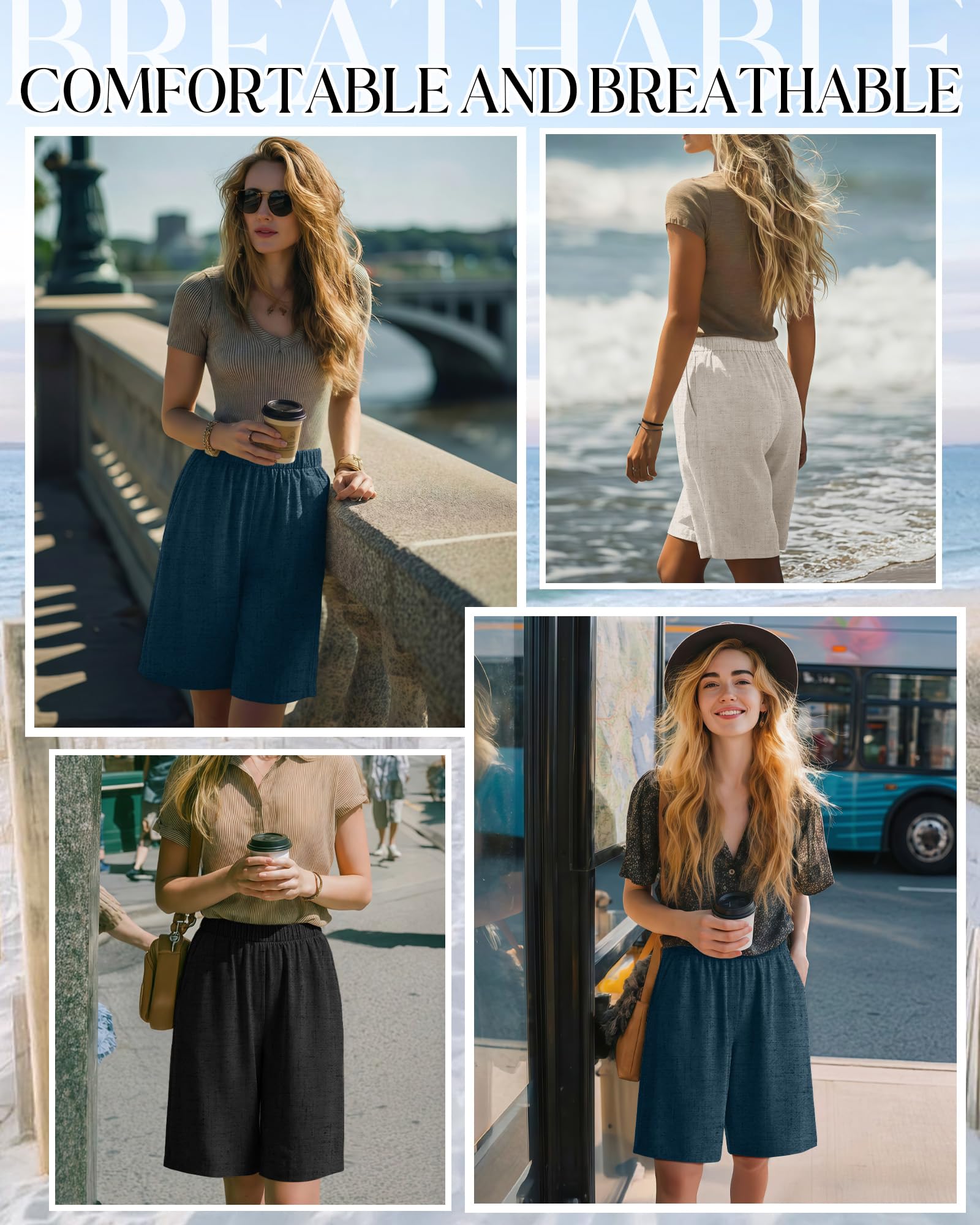 Riyiper Confezione da 3 pantaloncini da donna in lino, elasticizzati, a vita alta, a gamba larga, estivi, casual, con tasche