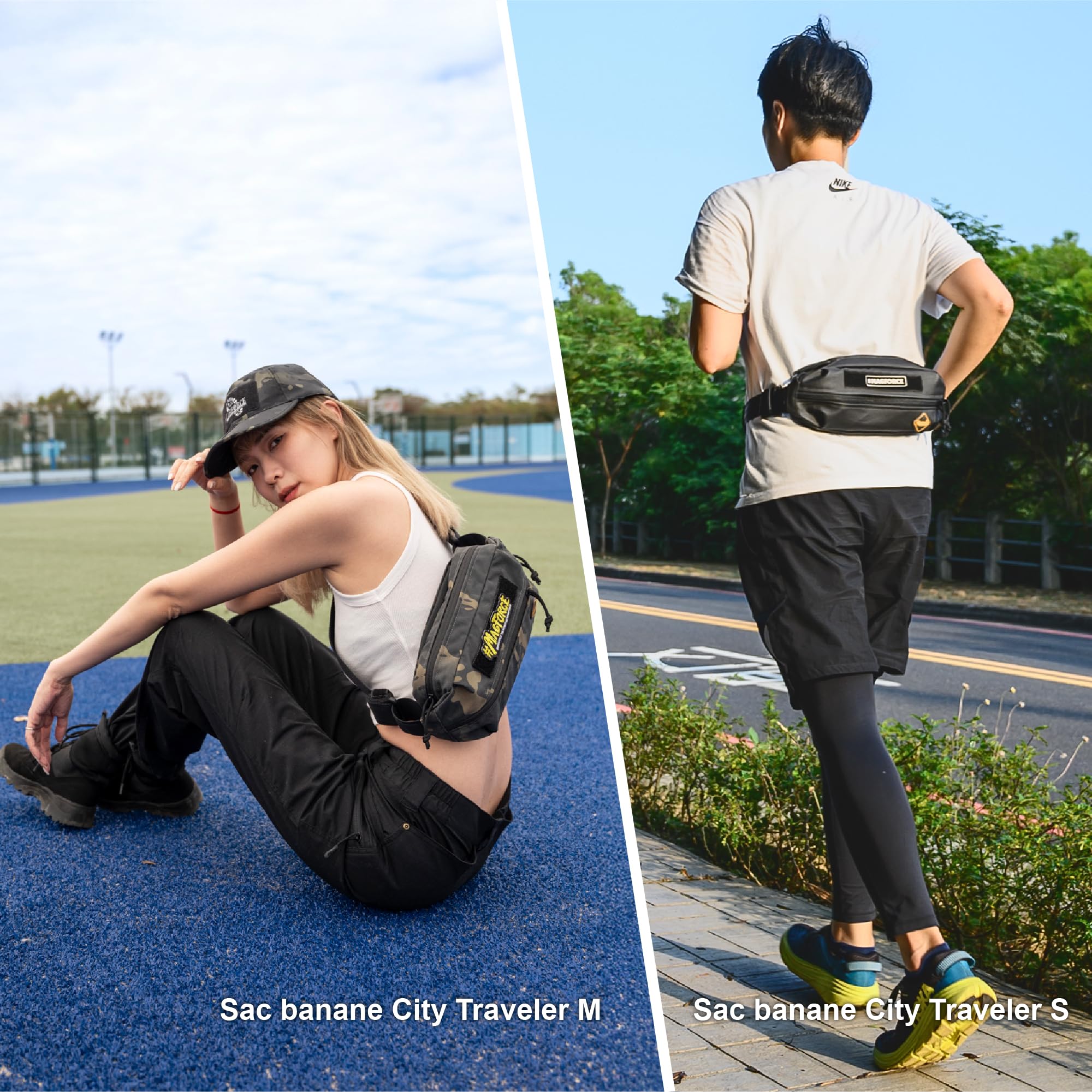Magforce Sac Banane Tactique City Traveler pour Homme – Voyage et randonnée, léger, Grande capacité, Multiples Poches, Pochette Multifonction en Nylon avec Fermeture éclair, Camouflage Noir, Taille S