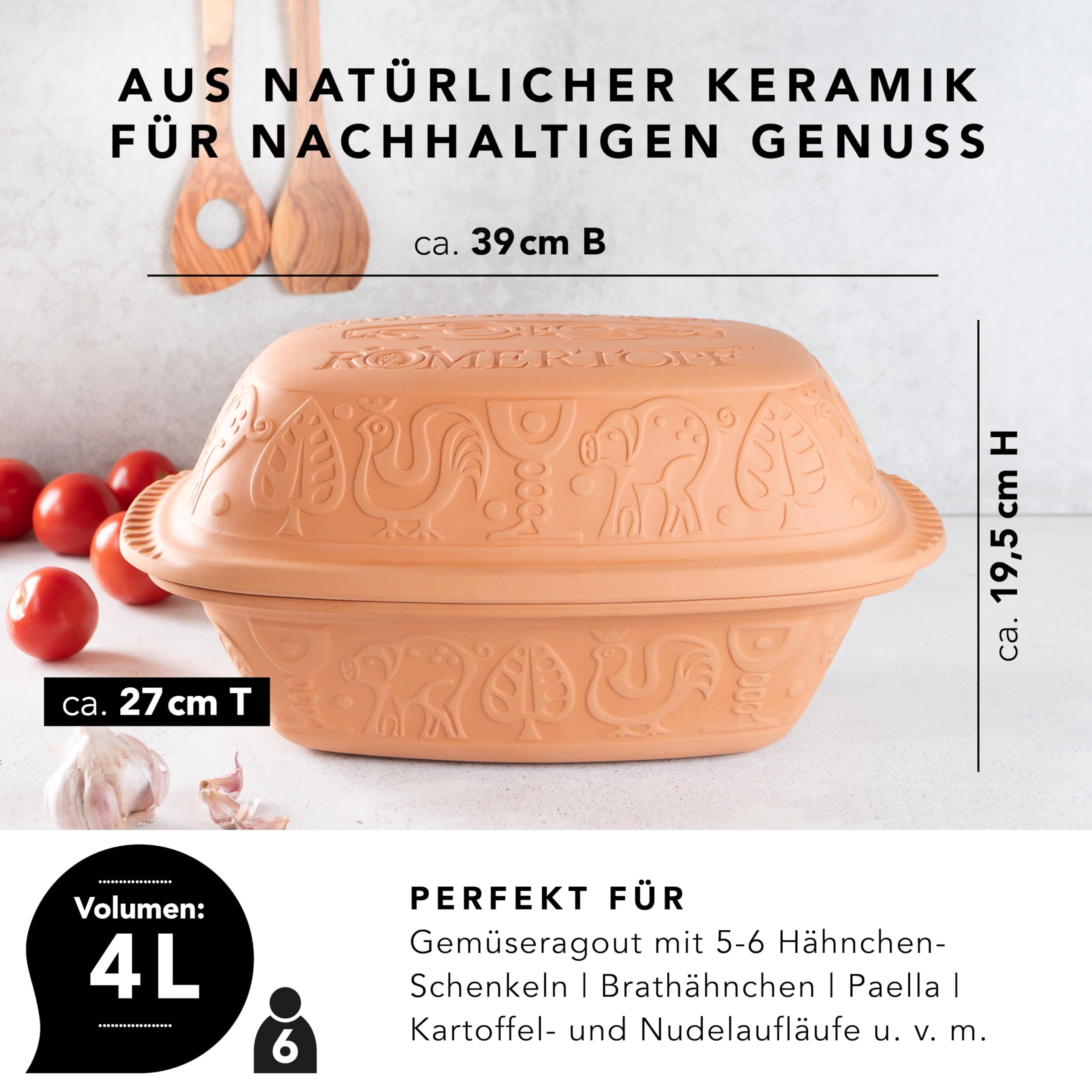 Römertopf Classic - Cacerola para 6 personas (4 litros, con tapa de cerámica, para guisar, asar y cocinar al vapor, apta para el horno