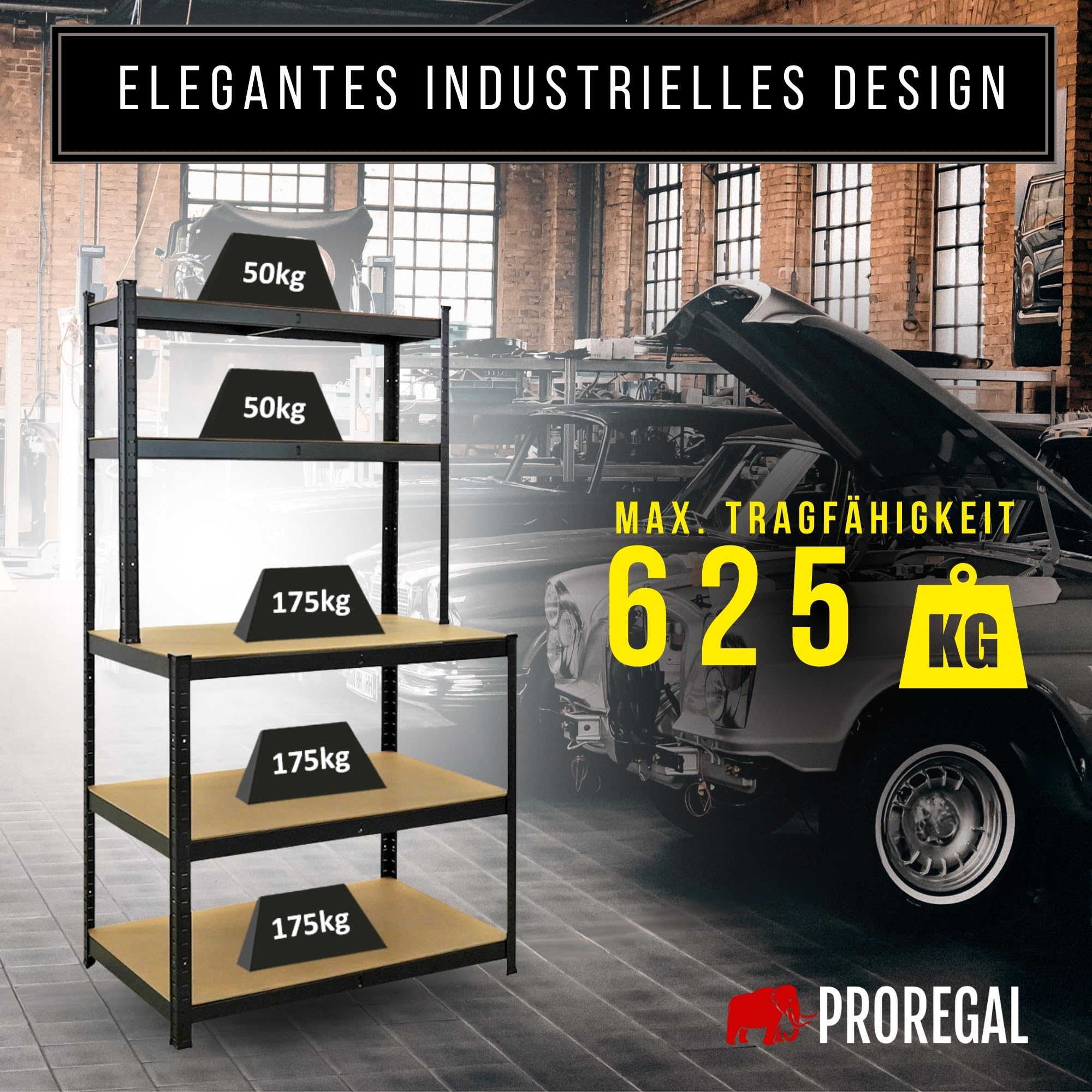 PROREGAL Profi Werkbank Giant Beast HxBxT 180x100x60cm Fachlast 175kg Schwarz Werkbankregal Schwerlastregal mit Werkbank Werkzeugbank Arbeitstisch