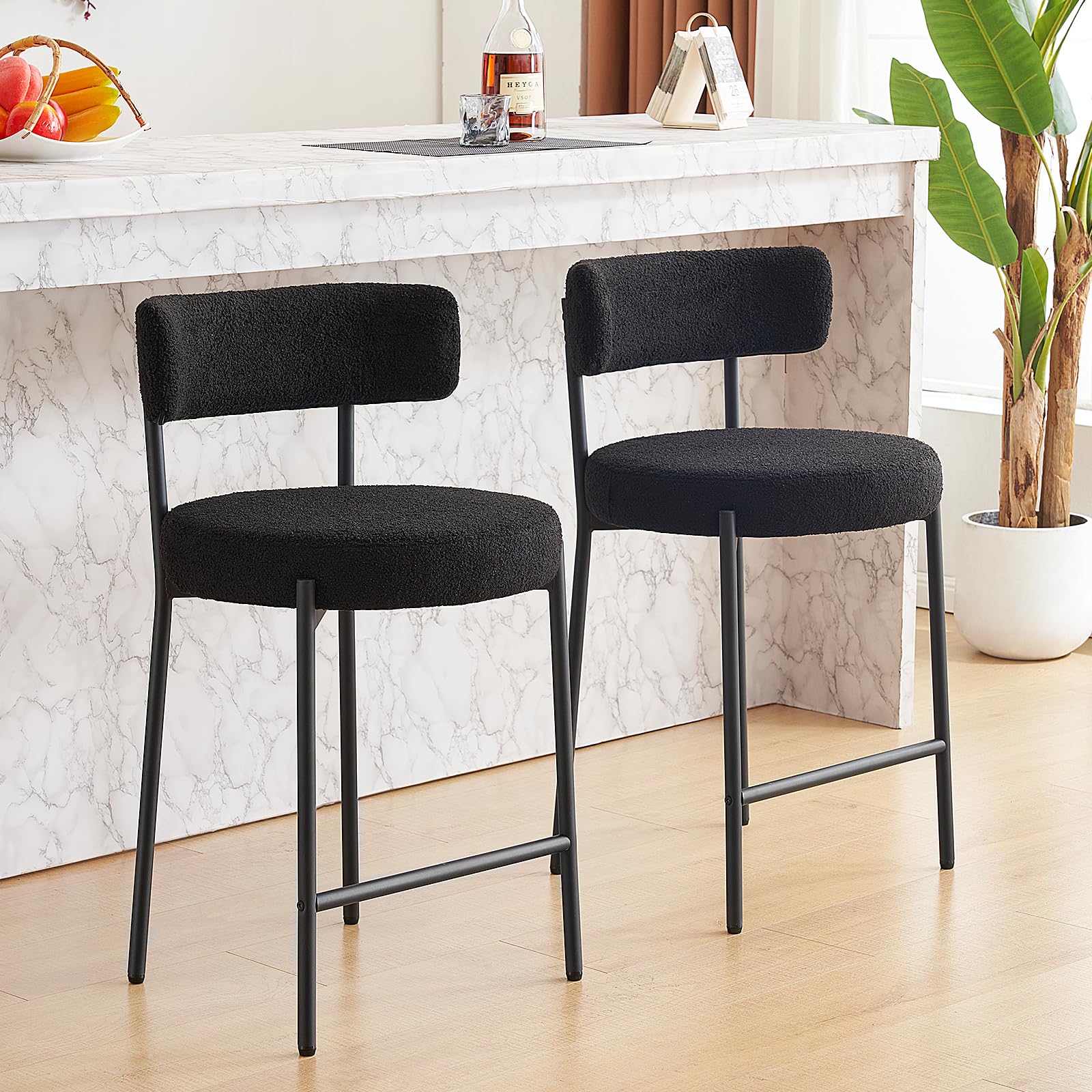 Furnilivng 24'' Bar Stools Set of 2, Modern Boucle Counter Height Bar Stools with Curved Back and Black Metal Frame, Upholstered Kitchen Stools,