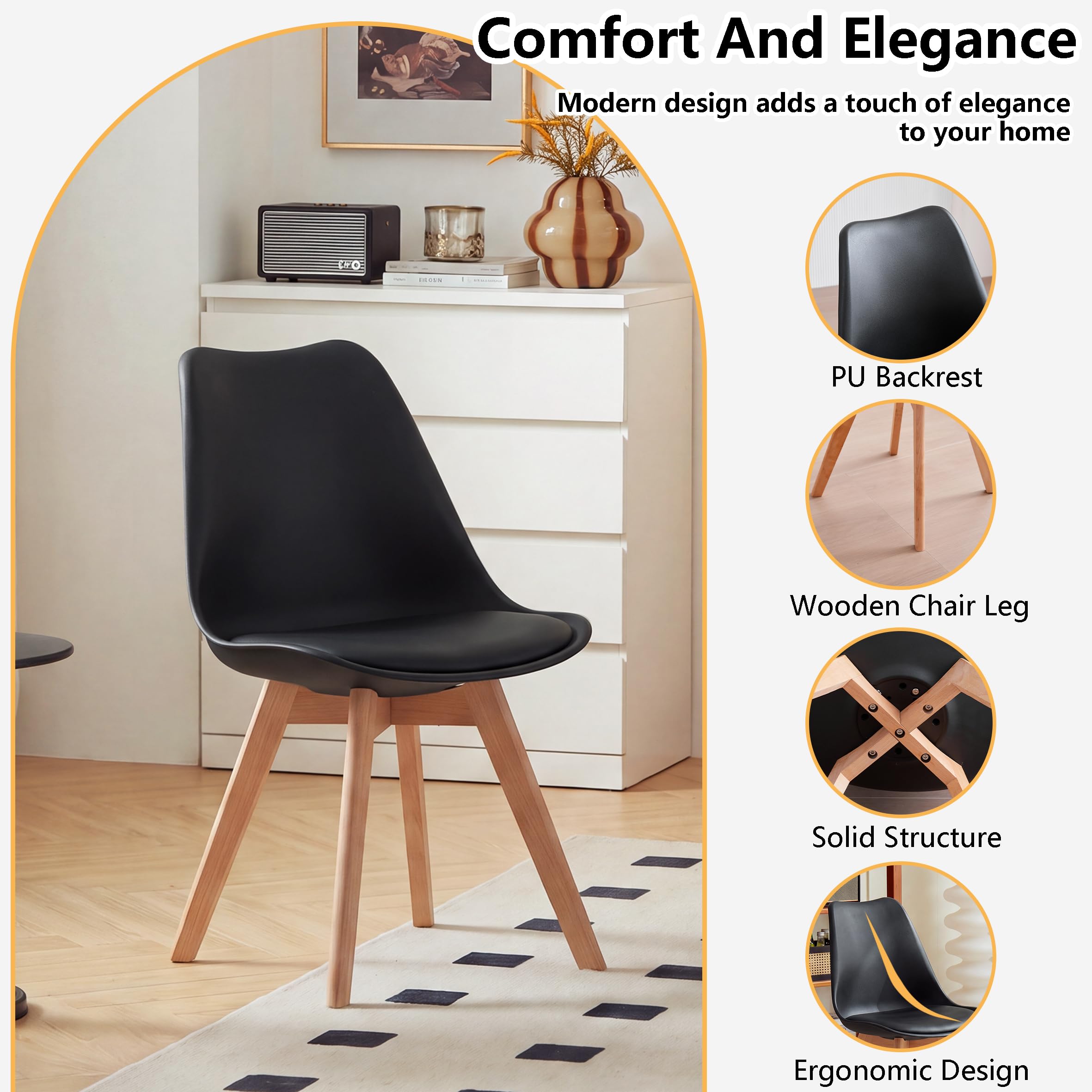 GrandCA HOME Juego de 6 sillas de Comedor escandinavas, diseño escandinavo, Patas de Madera Maciza, ergonómicas, para Comedor, salón, Cocina y Dormitorio (Negro, 6)