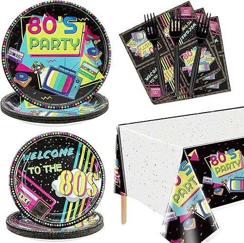 Suministros para fiestas de los años 80  20-81 piezas, platos, servilletas, manteles, tenedores para decoraciones de fiesta de cumpleaños temáticas