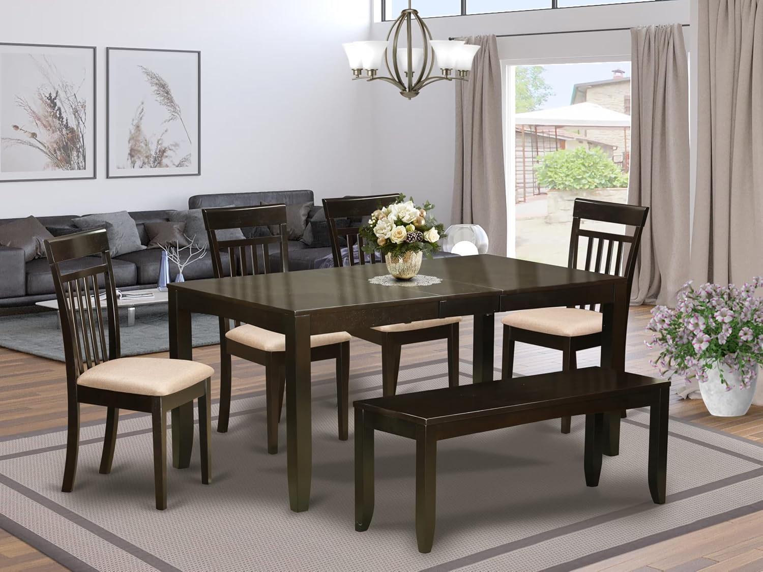 East West Furniture LYCA6-CAP-C 6 Piece Dining Set Contains a Rectangle Dining Room Table with Butterfly Leaf and 4 Linen Fabric Kitchen Chairs with a Bench, 36x66 Inch, Cappuccino