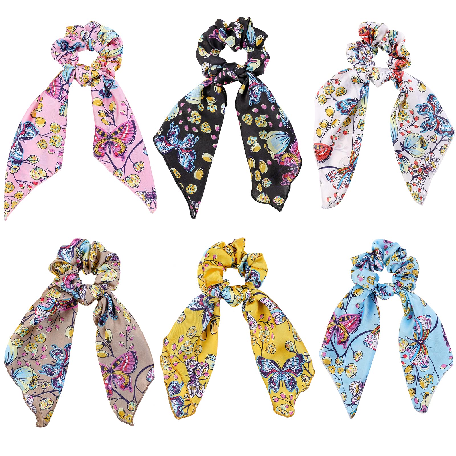 CutewingScarf Scrunchies Silk Hair Ribbons Butterfly Hair Scarves Colorful Scrunchies Bandana Vivid Ponytail Scarf Elastics Hair Ties Hair Bows Hair Bands Hair Accessories for Women Girls with 6PCS