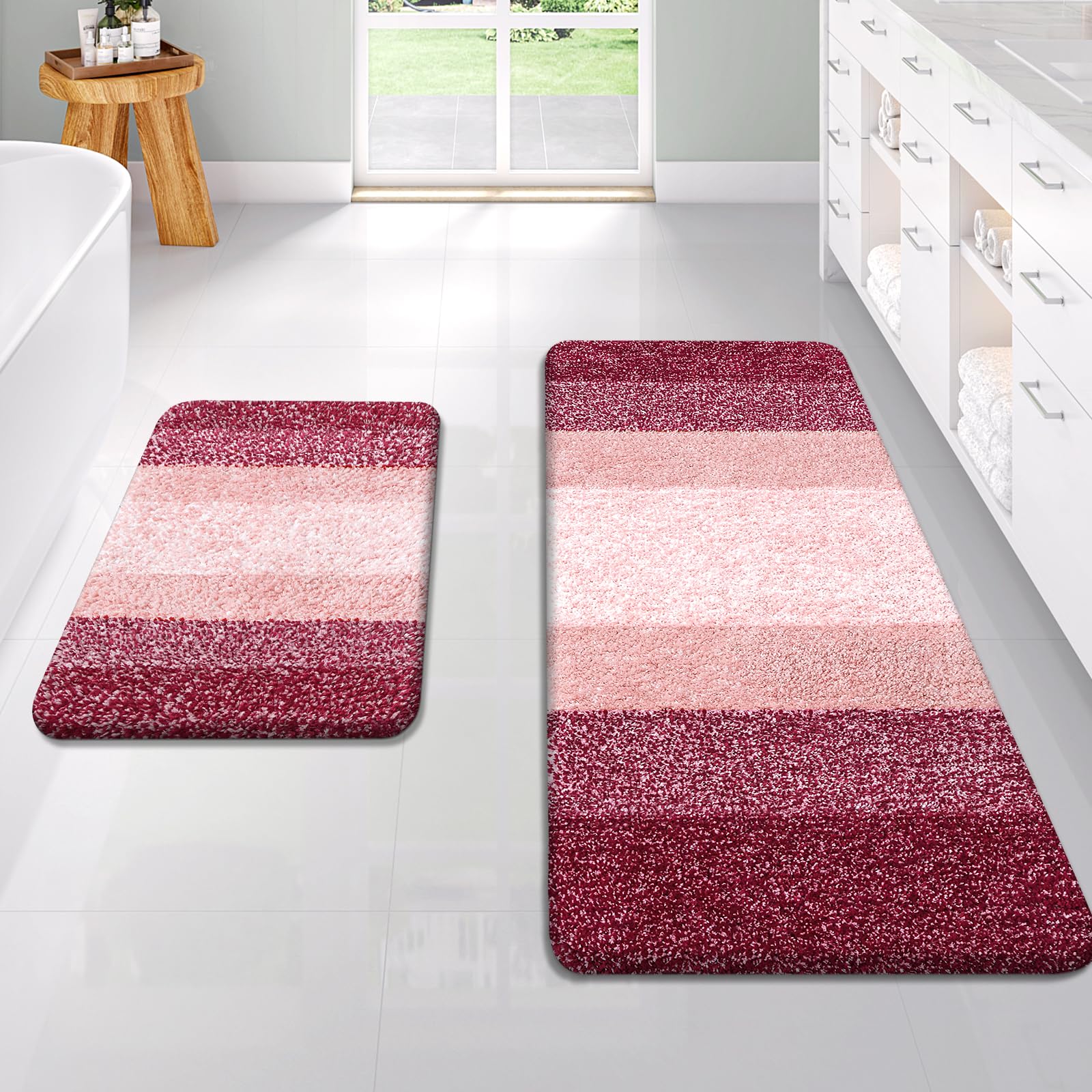 OLANLY Bathroom Rug Set 2 Piece, Soft Absorbent Microfiber Bath Rug Set, Non-Slip, Machine Wash Dry, Plush Shaggy Bath Mats for Bathroom (47"x20"+24"x16", Red) — image 1