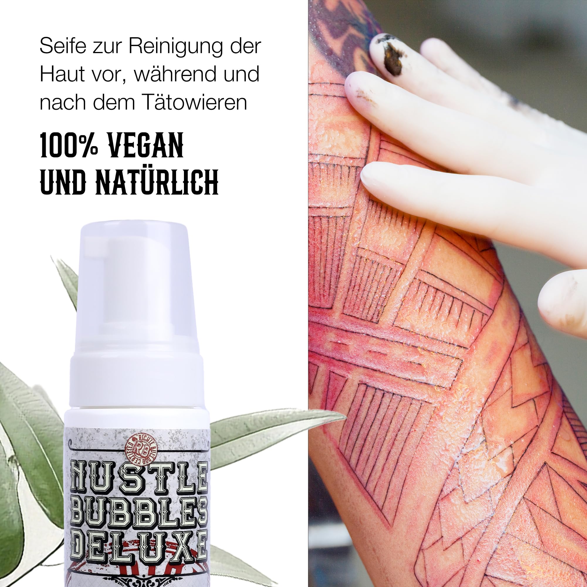 Hustle Bubbles Deluxe Mousse Detergente 207ml – Schiuma detergente per tatuaggi e cura delicata della pelle – Lenisce durante e dopo il tatuaggio – Rimuove sebo, sporco e sangue – Vegano, senza alcool