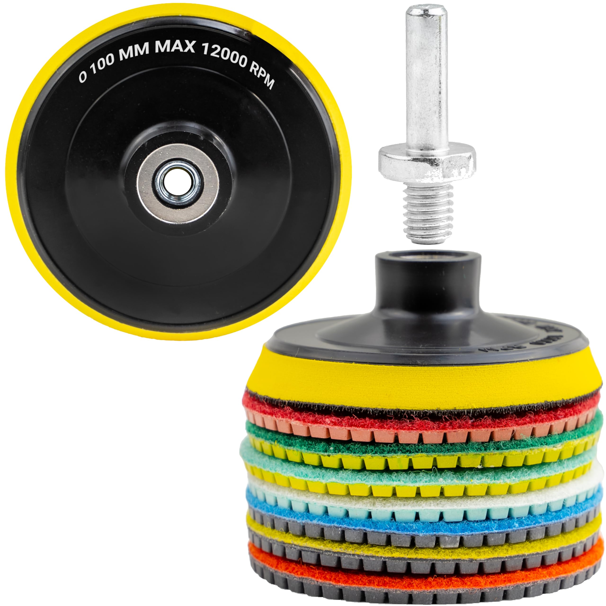 DELPHI Lot de 7 disques abrasifs diamantés humides de 100 mm pour le ponçage du grès cérame - Grain céramique 50-3000 - Avec tampon en laine M12 et gants de protection