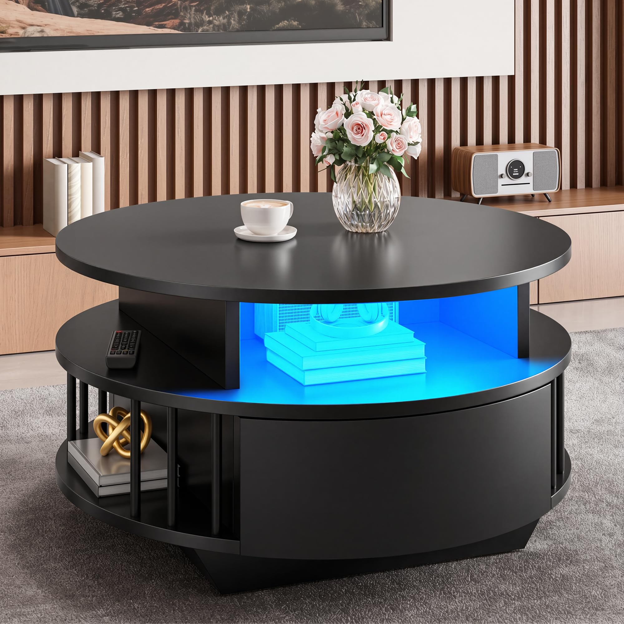 YITAHOME Mesa de Centro Redonda Moderna con LED, 70 cm, Espacio de Almacenamiento de 2 Niveles y 2 Cajones, Diseño Estriado, Estantes, Mesa de Acento para Sala de Estar, Negro