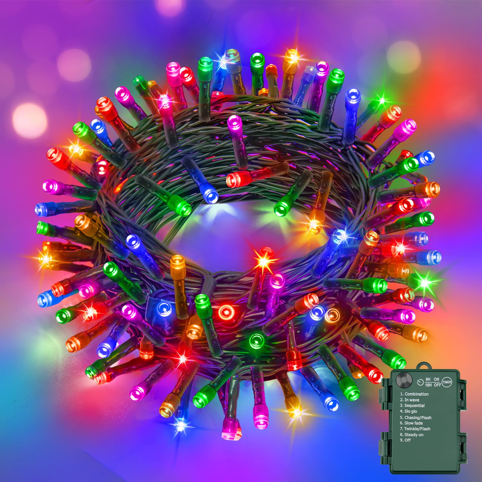 Qimutify Battery Operated Fairy Lights, 10M 100 LED Multicoloured Lights with 6h Timer, IP65 Waterproof 8 Modes for Indoor Outdoor Christmas Decorations(Green Wire)