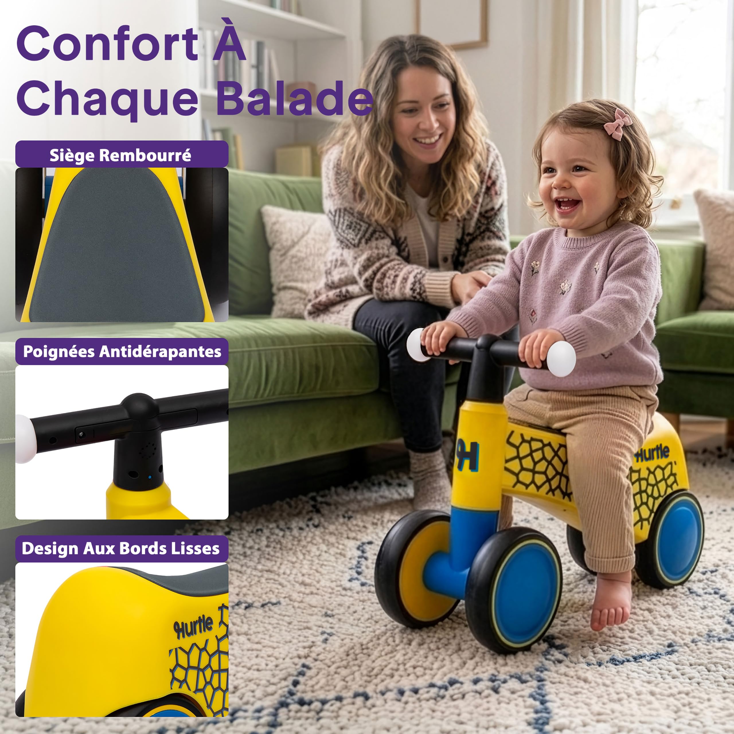 Hurtle Draisienne Bébé 4 Roues LED | 18–36 Mois | Vélo Équilibre 2 Ans Item Highlights: Guidon LED interactif, Stabilité 4 Roues, Rotation 135°, Siège rembourré, Charge 25 kg