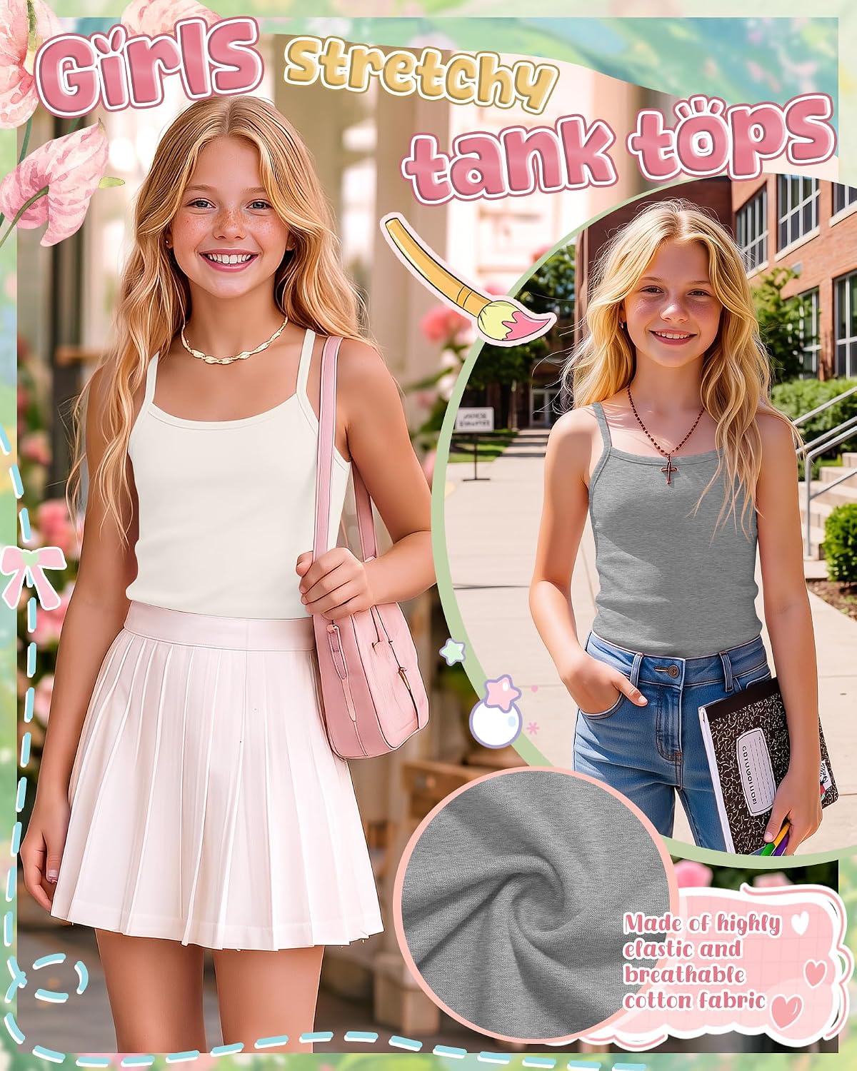 6 Pack Girls Tank Tops Spaghetti Strap Camisoles Toddler Soft Cami Teen Kids Sleeveless Undershirts 2T-14Y