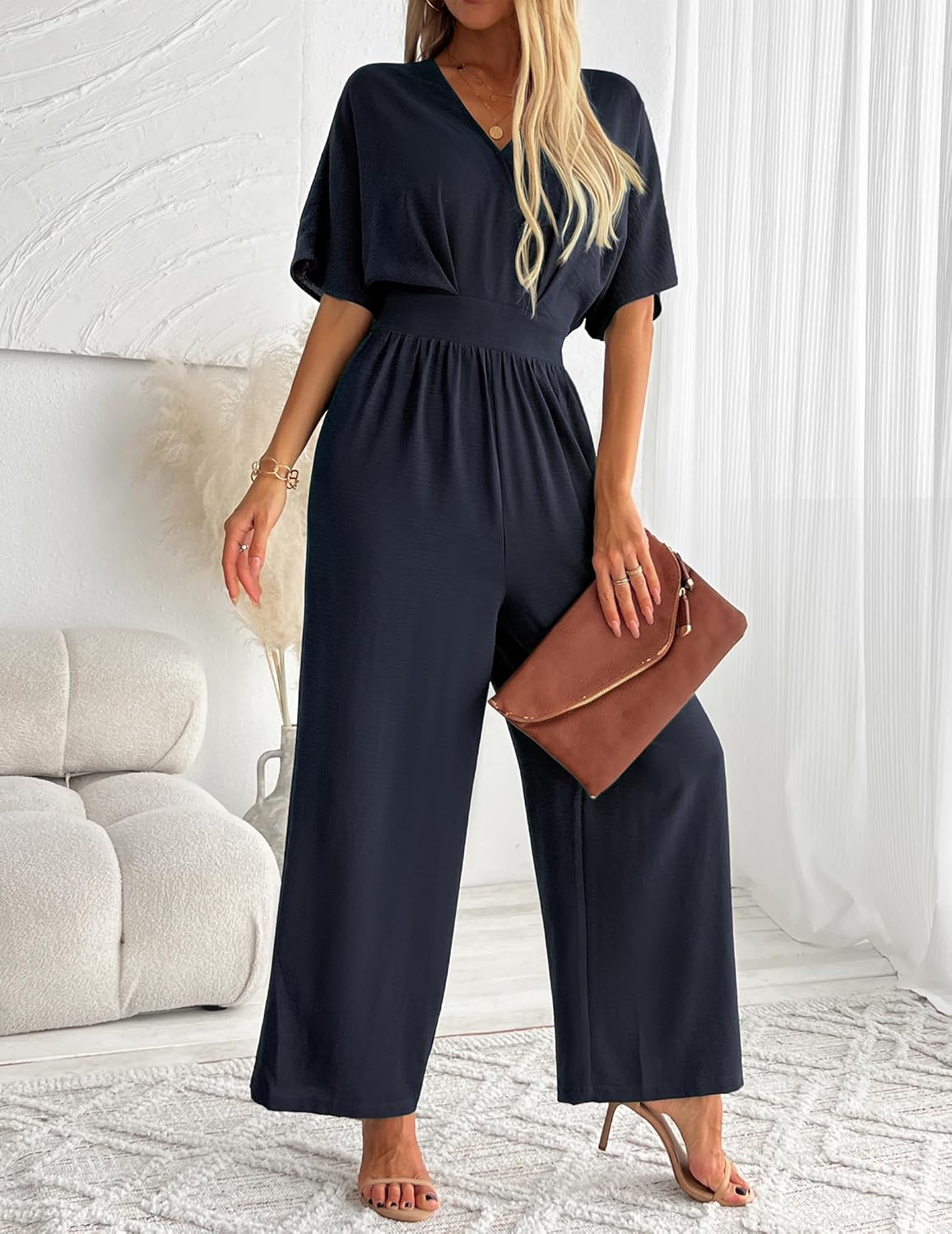 Women's One Piece Jumpsuits Dressy Casual V-Neck Batwing Short Sleeve Wide Leg Elegant Ladies Jumpsuit Rompers - Image 4