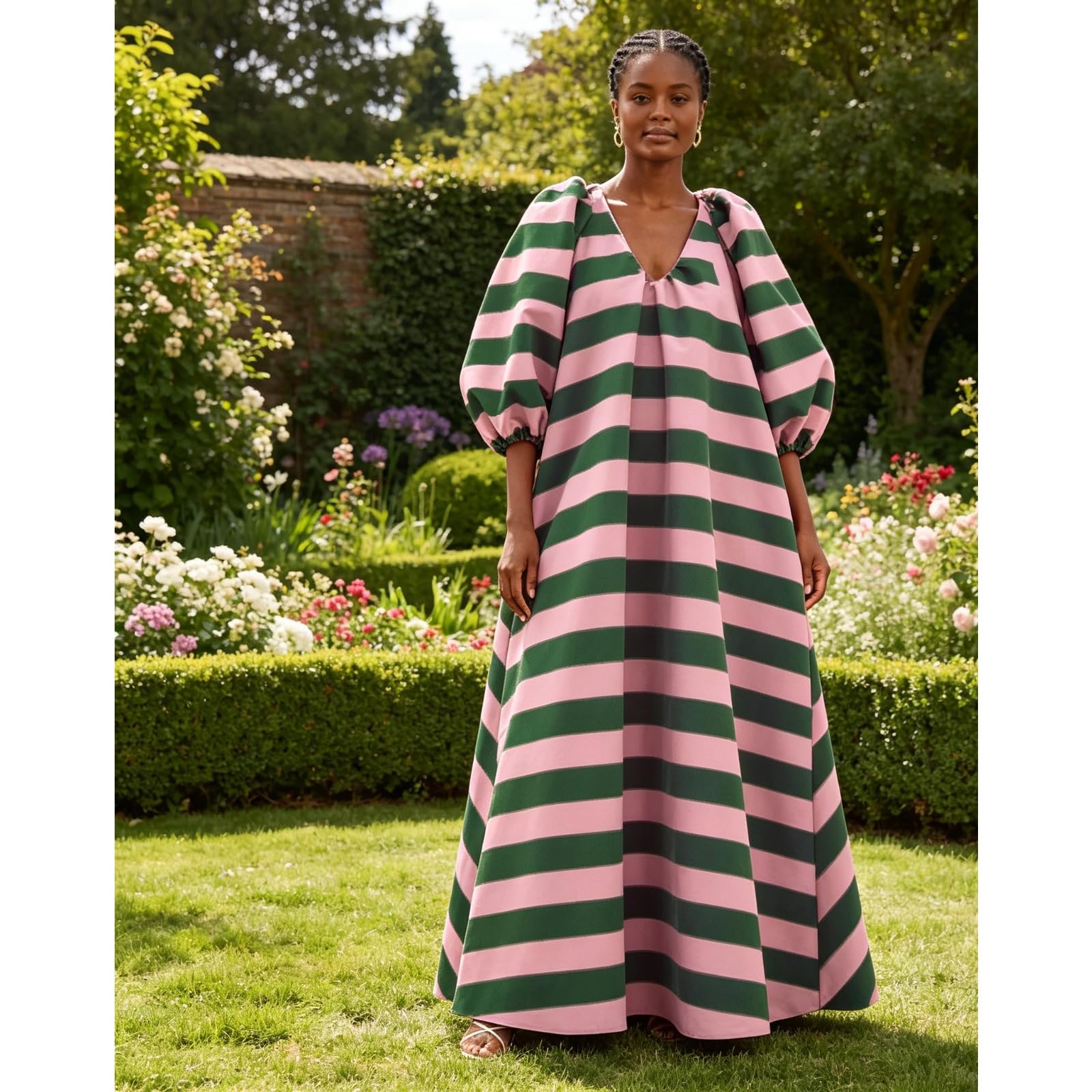 Maxi abito da donna a maniche a sbuffo a righe casual con stampa a mezza manica abito lungo con tasche