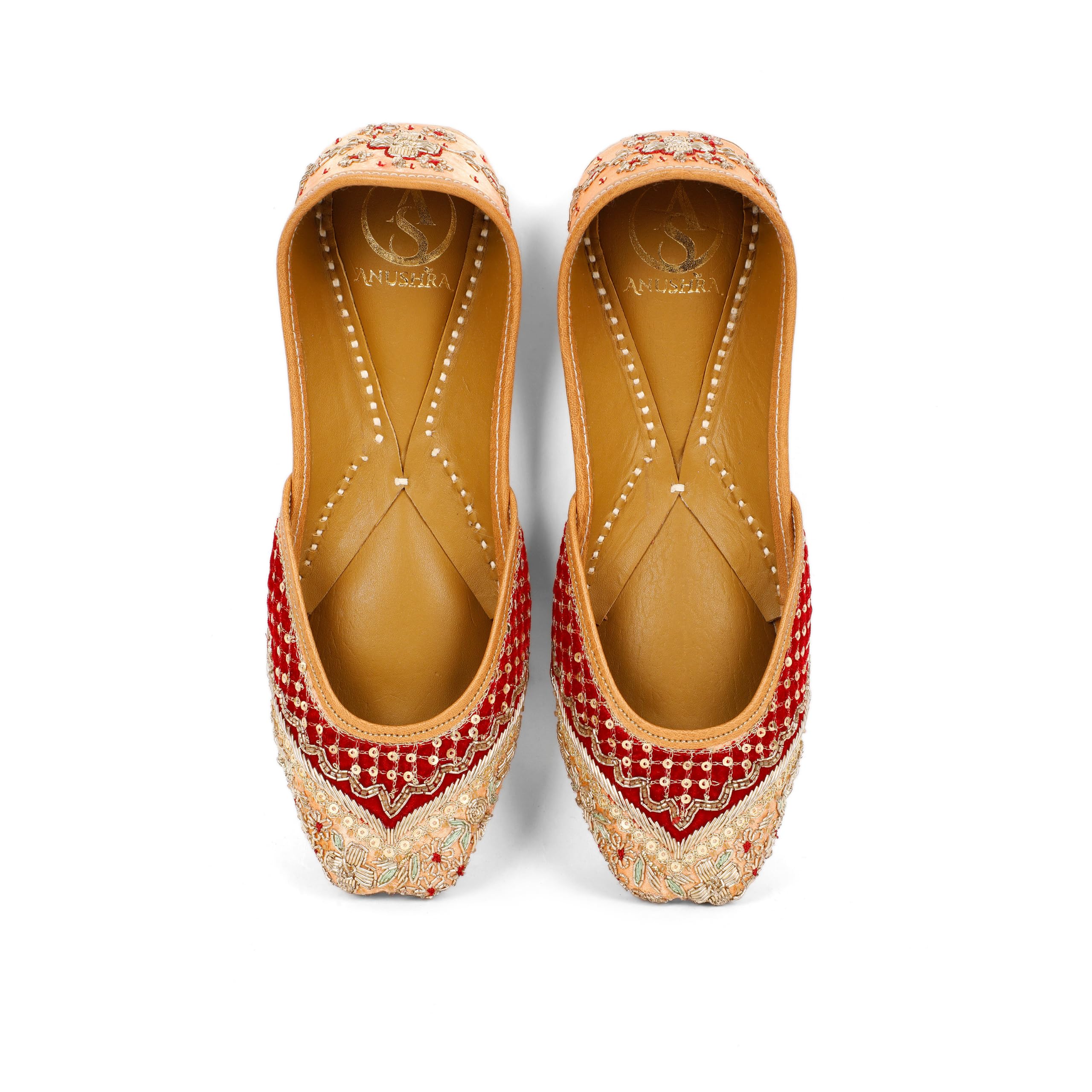 Noor Jutti for Women, Handcrafted Maroon Peach Zardozi Embroidered Ethnic Footwear, Leather, Festive-image-12