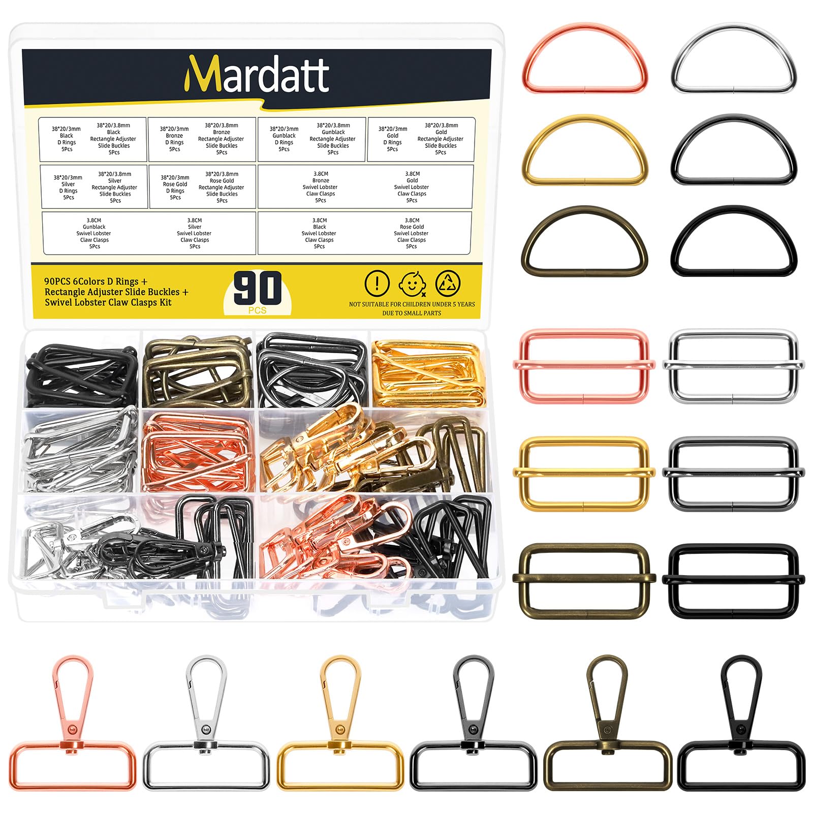 Mardatt 90Pcs 1-1/2 Inch(38mm) 6 Colors Metal Swivel Snaps Hooks with D Rings and Adjustable Tri-Glides Slide Buckles, Purse Hardware for Belt Bags DIY Accessories