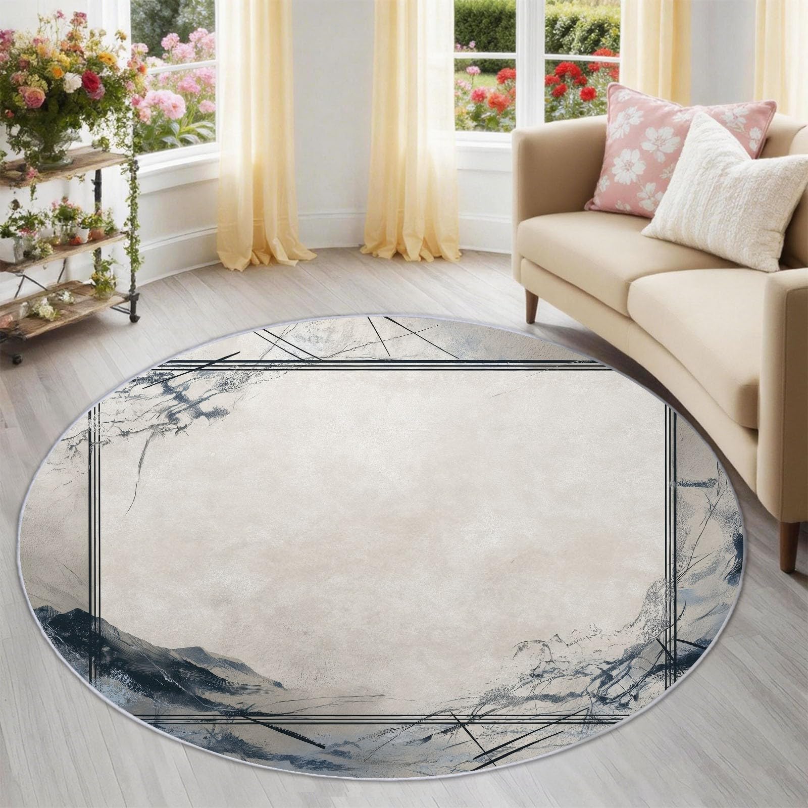 Tapis rond salon noir de 120 cm imprimé peinture à l'encre orientale
